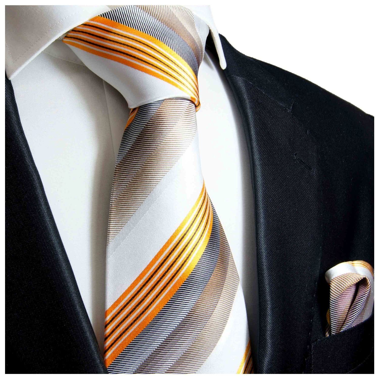 Paul Malone Krawatte und Tuch (Set, gold Seide gestreift Krawatte Einstecktuch) Breit braun Herren Seidenkrawatte mit (8cm), 637 100% modern 2-St