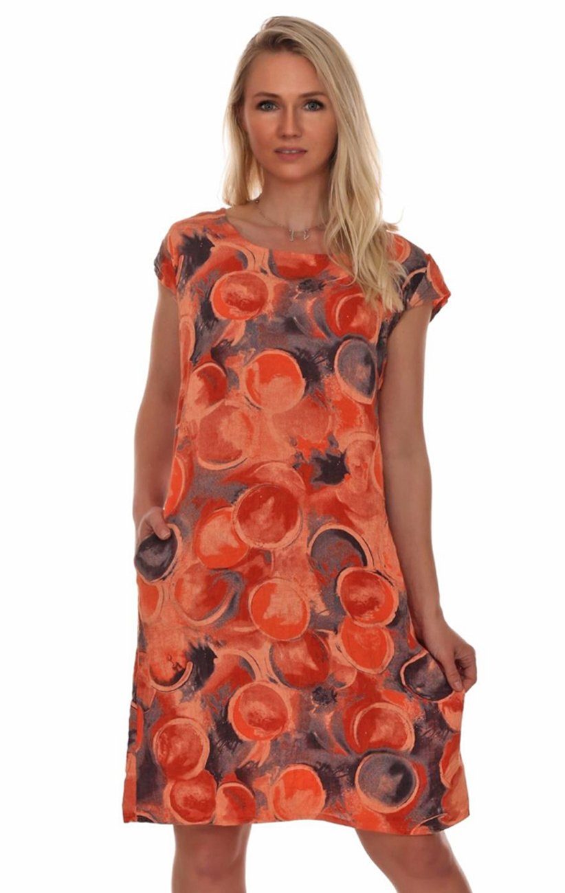 Charis Moda A-Linien-Kleid Leinenkleid Sommerkleid Belli Rotondi Kurzarm Orange