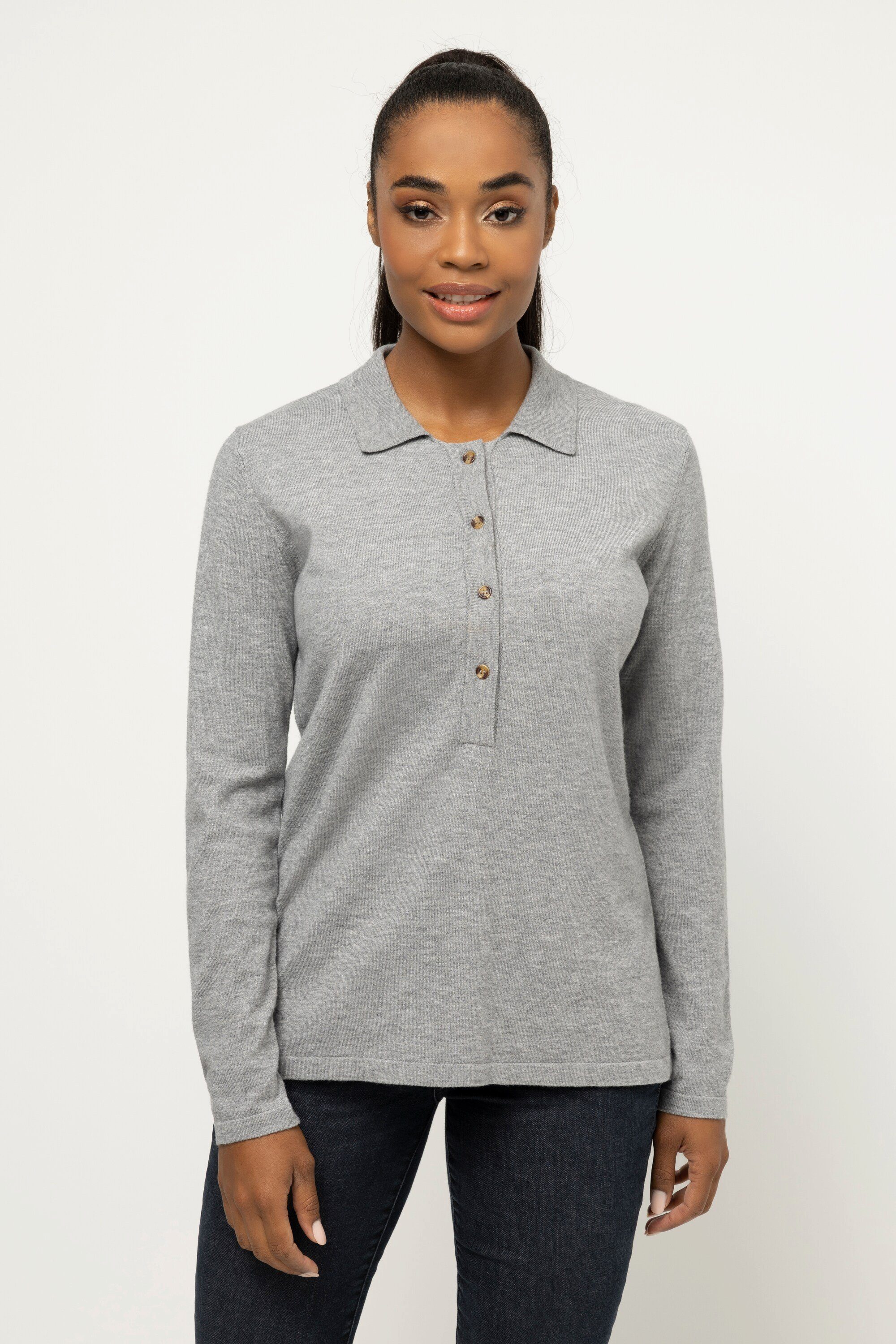 Gina Laura Strickpullover Poloshirt Feinstrick Polokragen Langarm