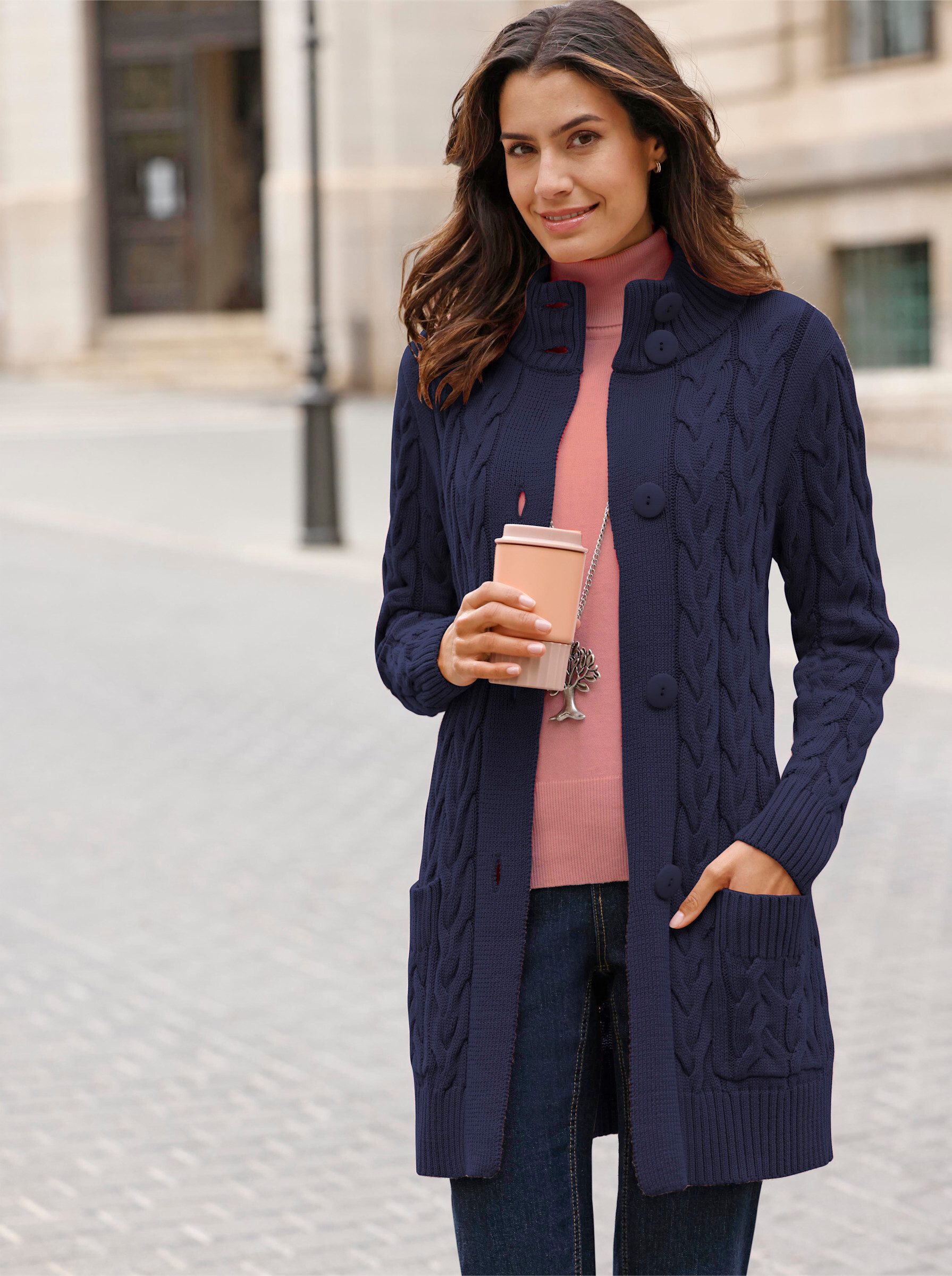 Witt Strickjacke Long-Strickjacke Langarm Zopfmuster