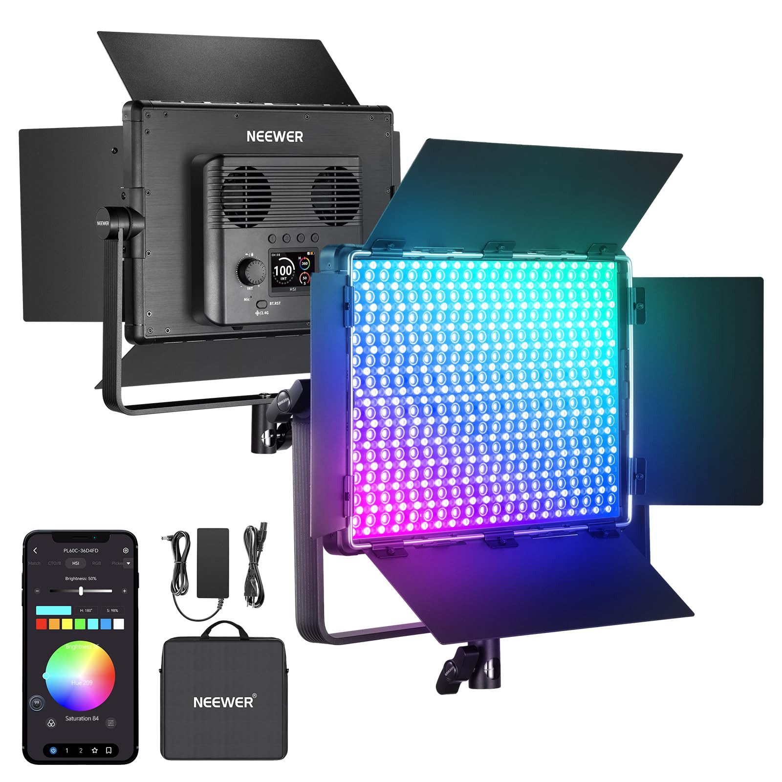 Neewer Videoleuchte PL60C RGB LED Panel 60W, APP/DMX, 2500K-10000K, für Studio/Streaming, Energie Efizienz Label (A bis G):F