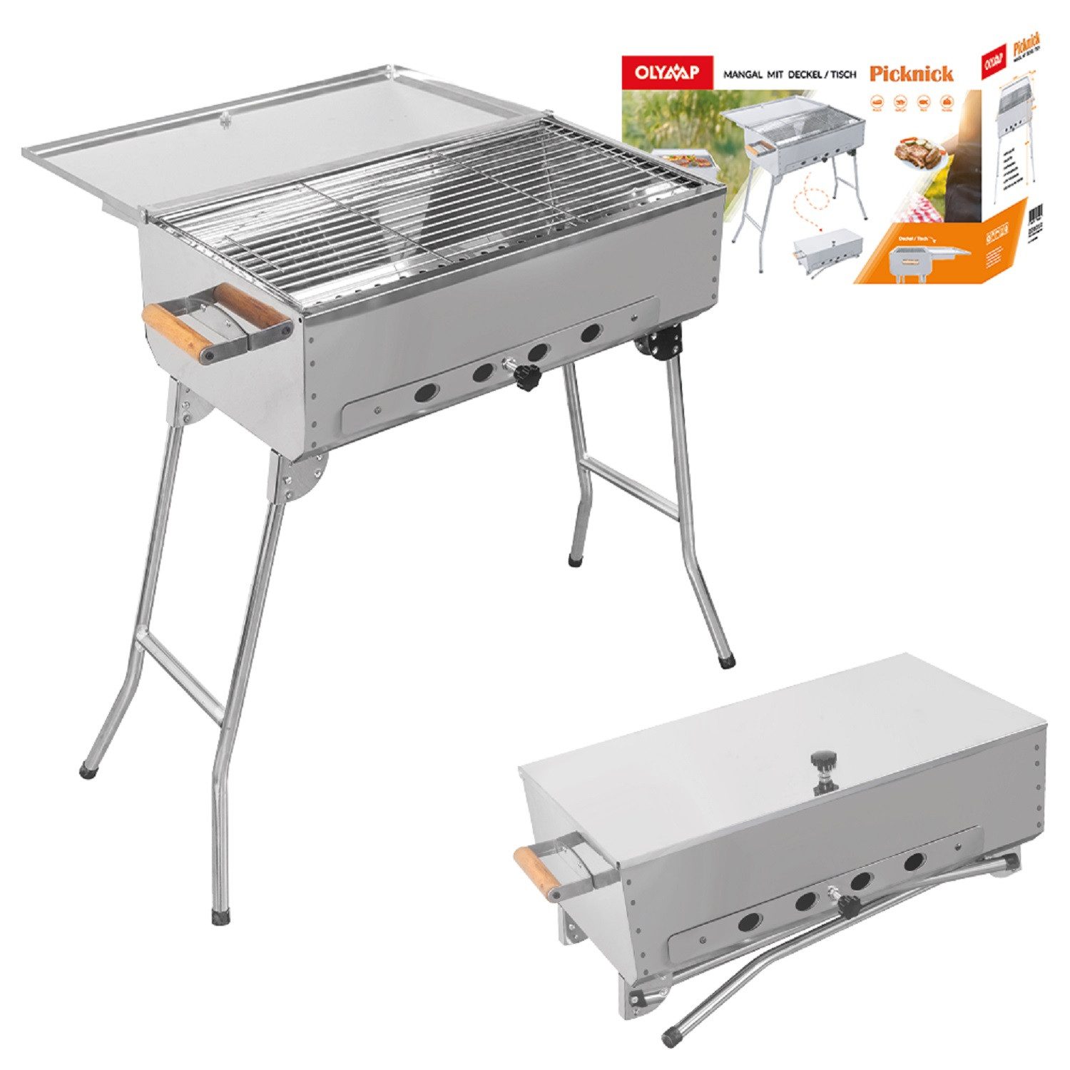 Olymp Handels GmbH Holzkohlegrill Mangal Edelstahl Picknick Schaschlik Grill mit Grillrost und Deckel