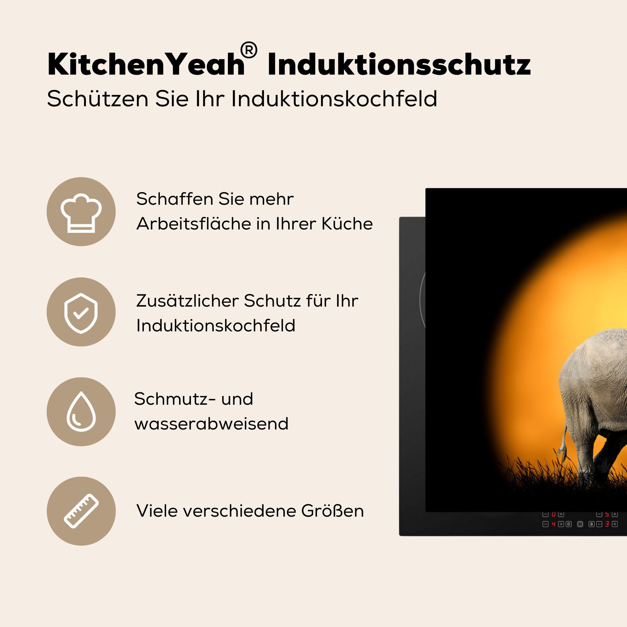 Elefant tlg), Schutz Sonne cm, Induktionskochfeld - Herdblende-/Abdeckplatte 81x52 MuchoWow die - (1 küche, Vinyl, Gras, Ceranfeldabdeckung für