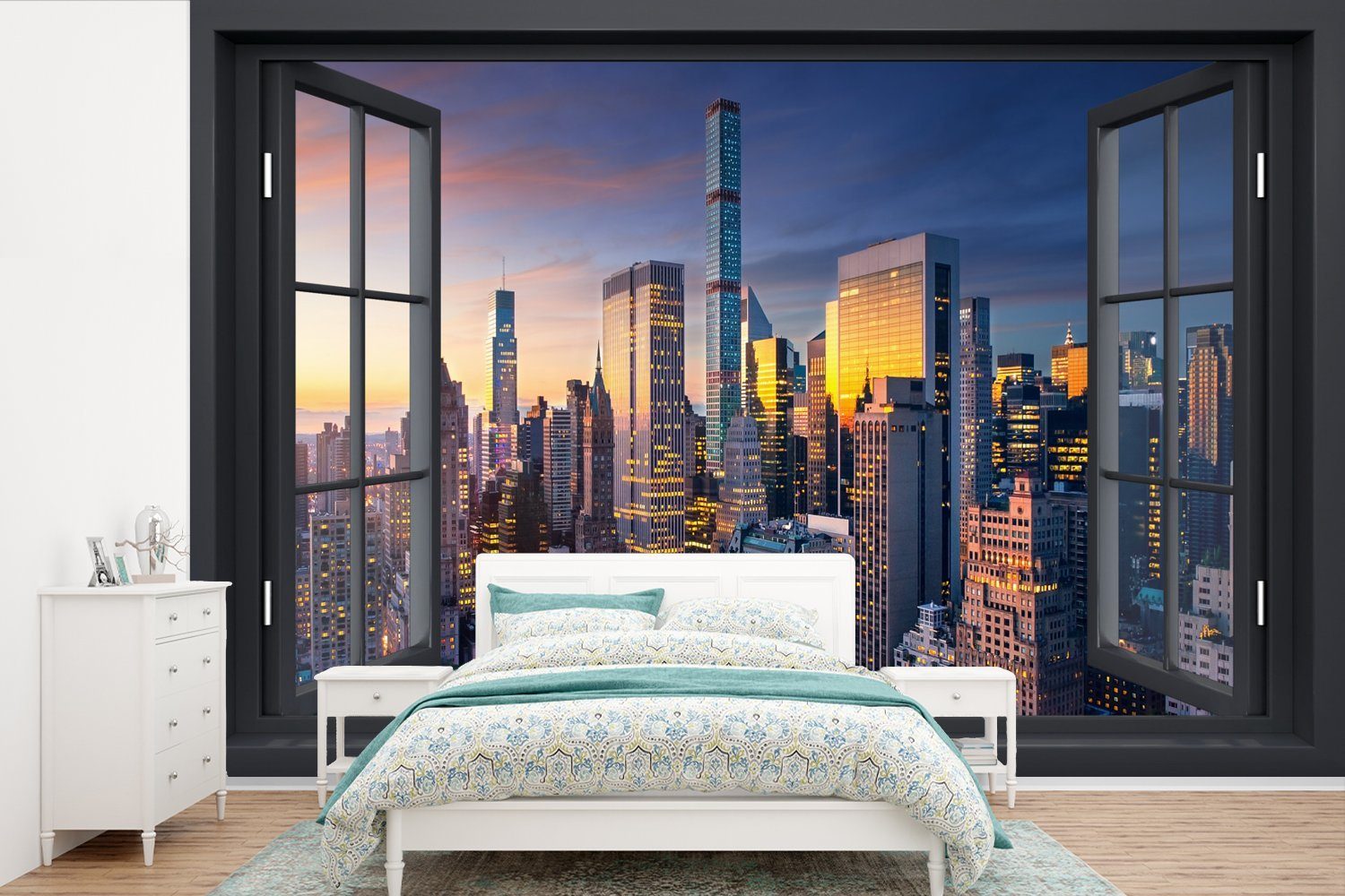MuchoWow Fototapete Ansicht - New York - Skyline, Matt, bedruckt, (6 St), Wallpaper für Wohnzimmer, Schlafzimmer, Kinderzimmer, Vinyl Tapete