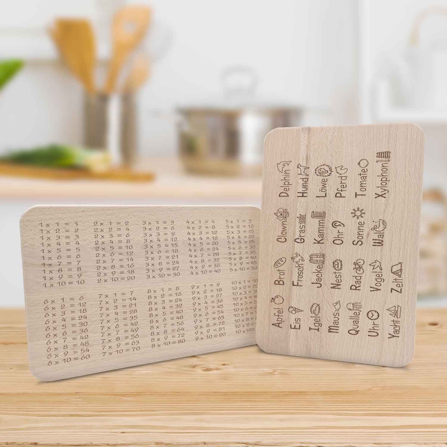 GRAVURZEILE Schneidebrett Frühstücksbrettchen Brettchen für Kinder - 1x1 & ABC im Set, Buchenholz, (Set), Geschenk zur Einschulung zum einfachen lernen