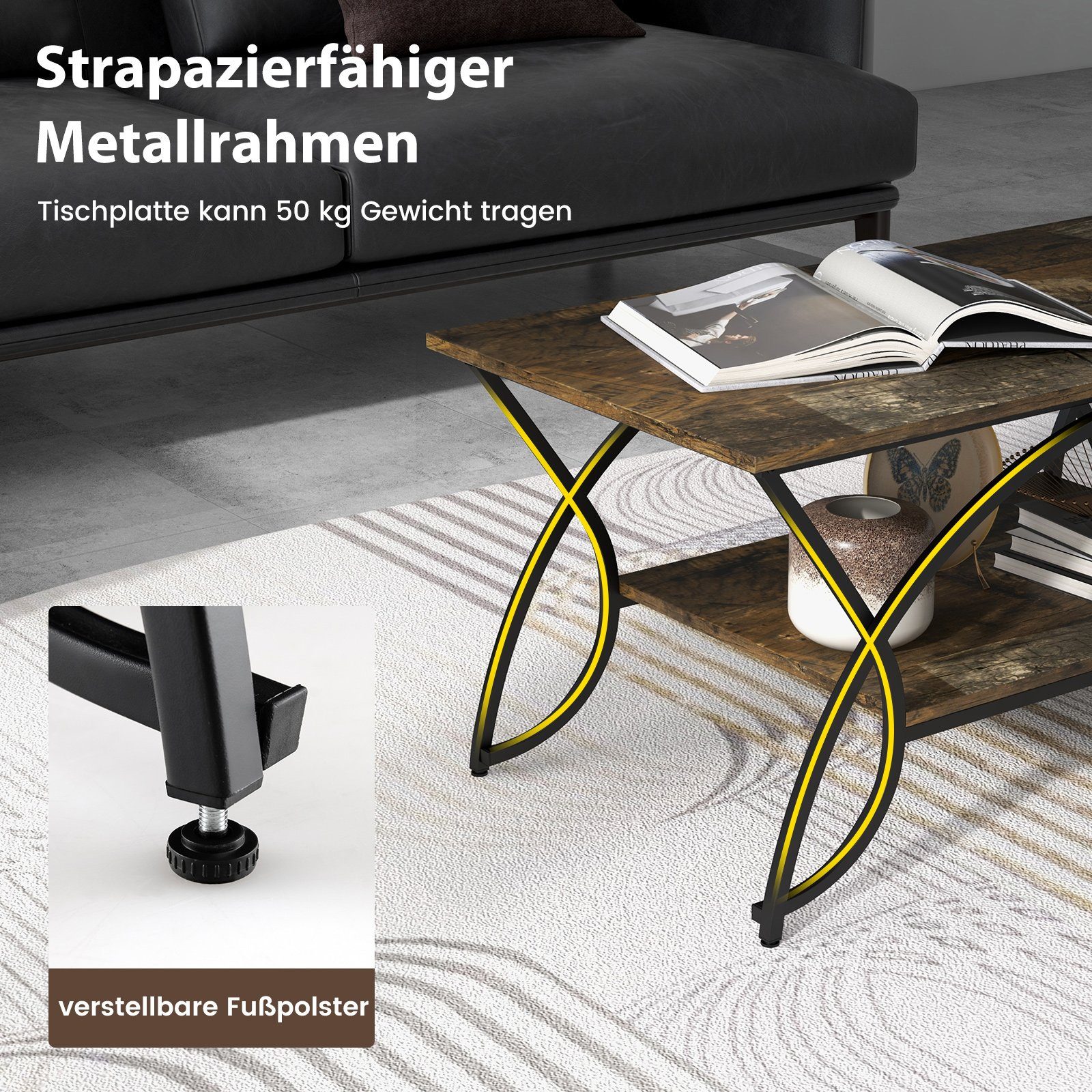 Marmor, Ablage Metallbeinen, & 100x50x45cm mit COSTWAY Couchtisch Braun goldenem