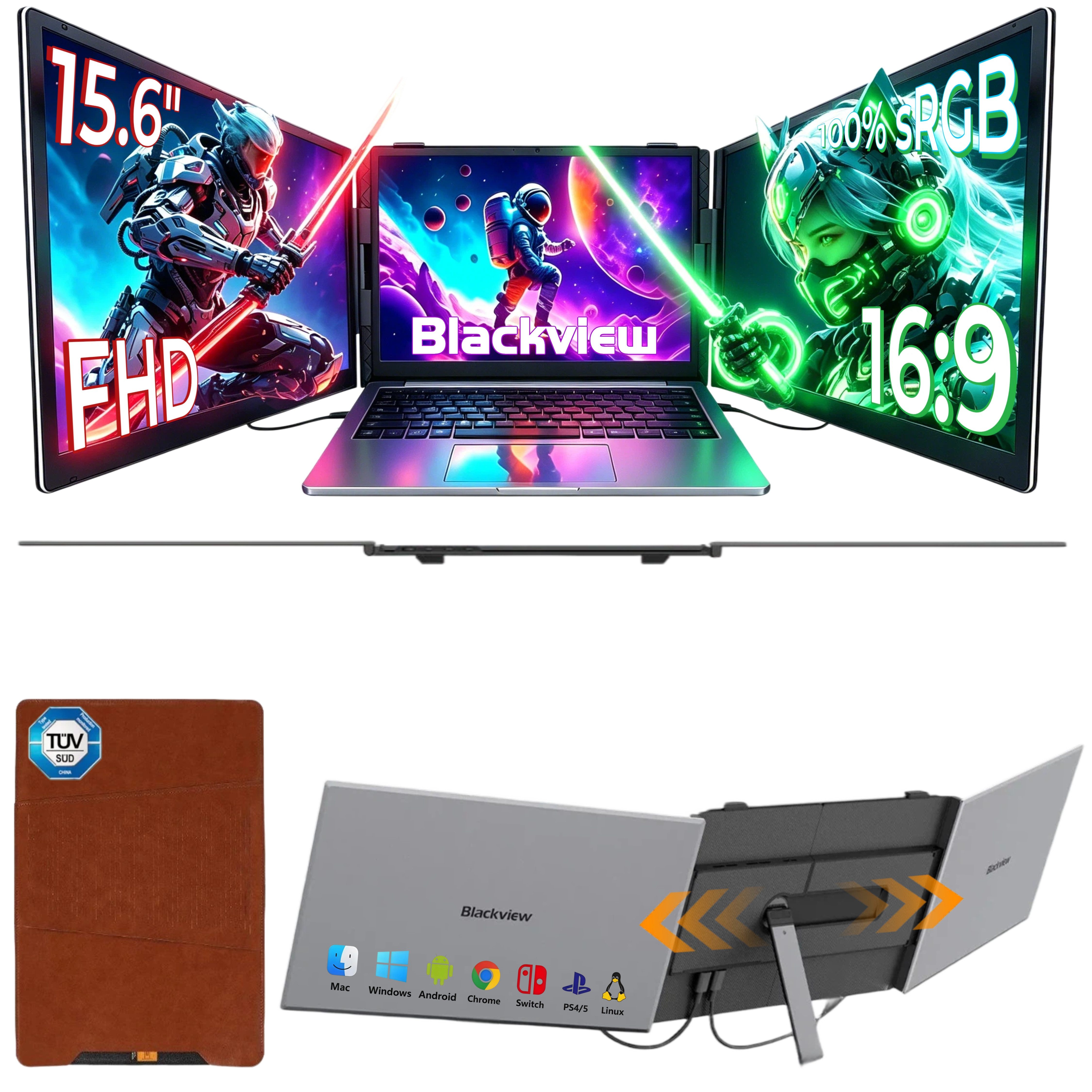 blackview 15,6 Zoll Gaming Monitor DCM8 IPS 1920x1200 FHD, Dual-Screen, LCD, 2K- Portabler Monitor (38,9 cm/15.6 ", 1920*1200 px, Full HD, 60 Hz, IPS, Laptop Bildschirm Erweiterung/Smartphone/PC/Mac/Switch/PS5/Xbox)