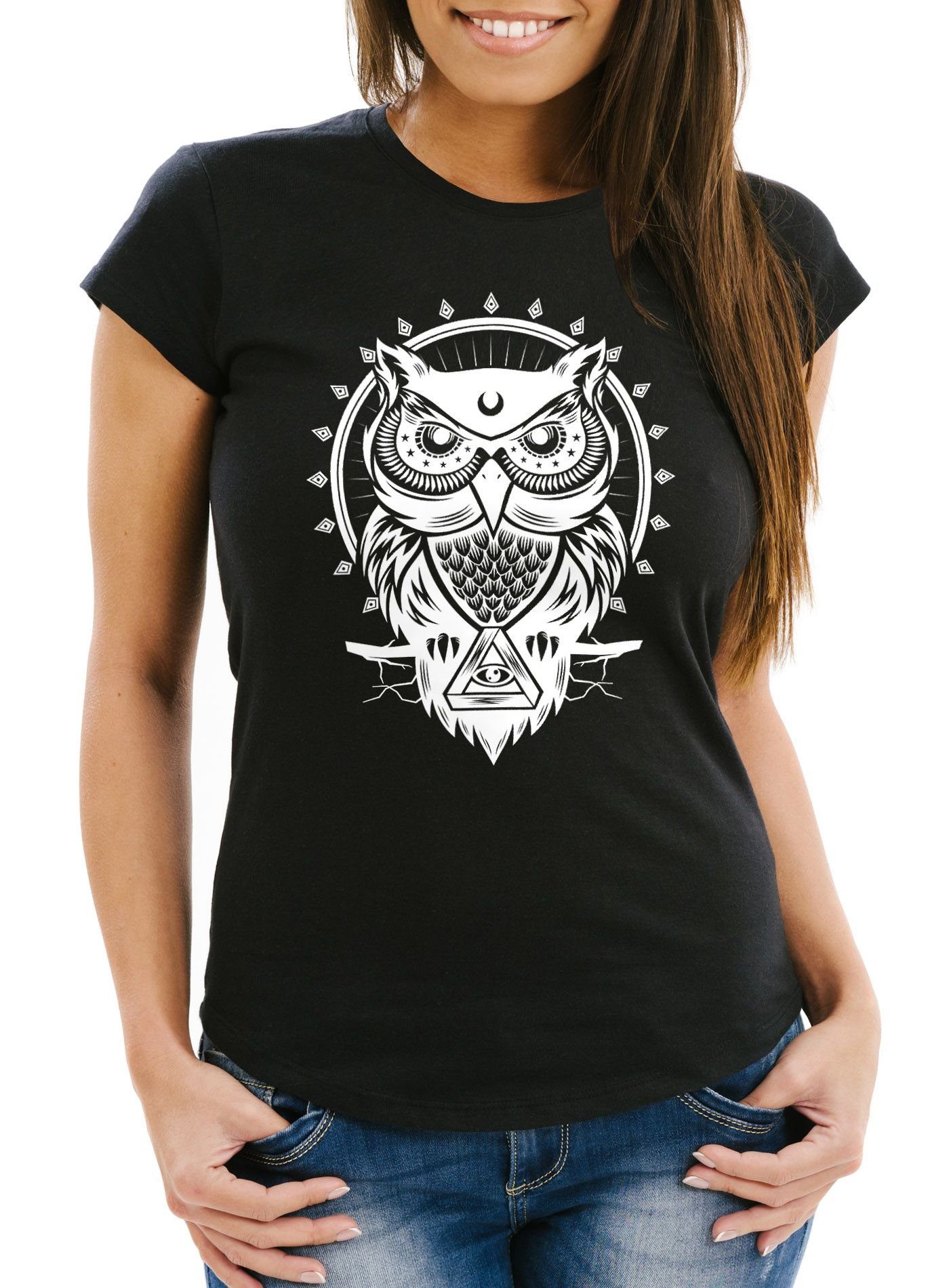 Neverless Print-Shirt Damen T-Shirt Eule Owl Shirt Eulenmotiv Slim Fit Neverless® mit Print schwarz