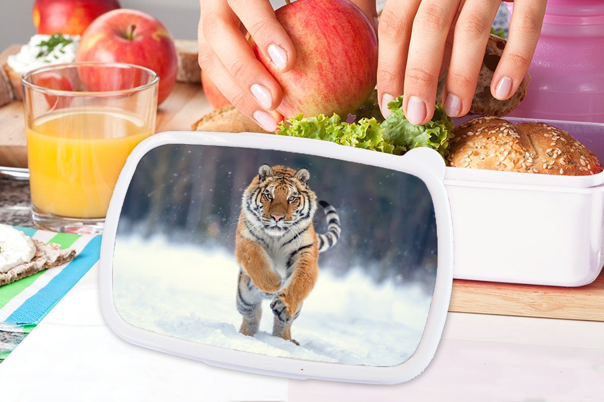 Tiger Kunststoff, für (2-tlg), - weiß Mädchen Landschaft Lunchbox Brotdose, Schnee Jungs und - Kinder MuchoWow Erwachsene, Tiere, und Brotbox - für