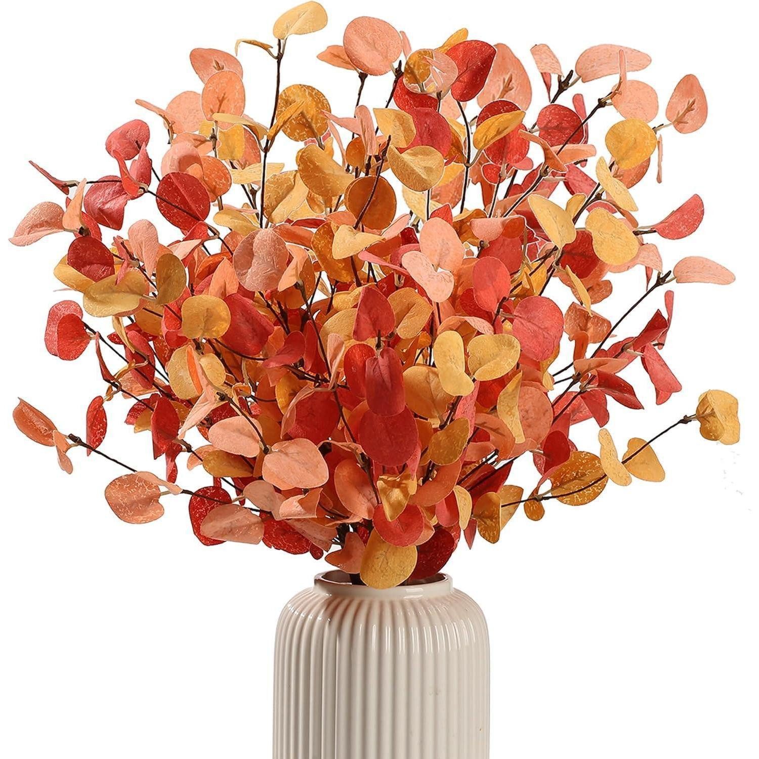 Kunstzweig Eukalyptus Zweig Kunstblume 60cm 5er Bund Herbst Deko Orange, LuxusKollektion