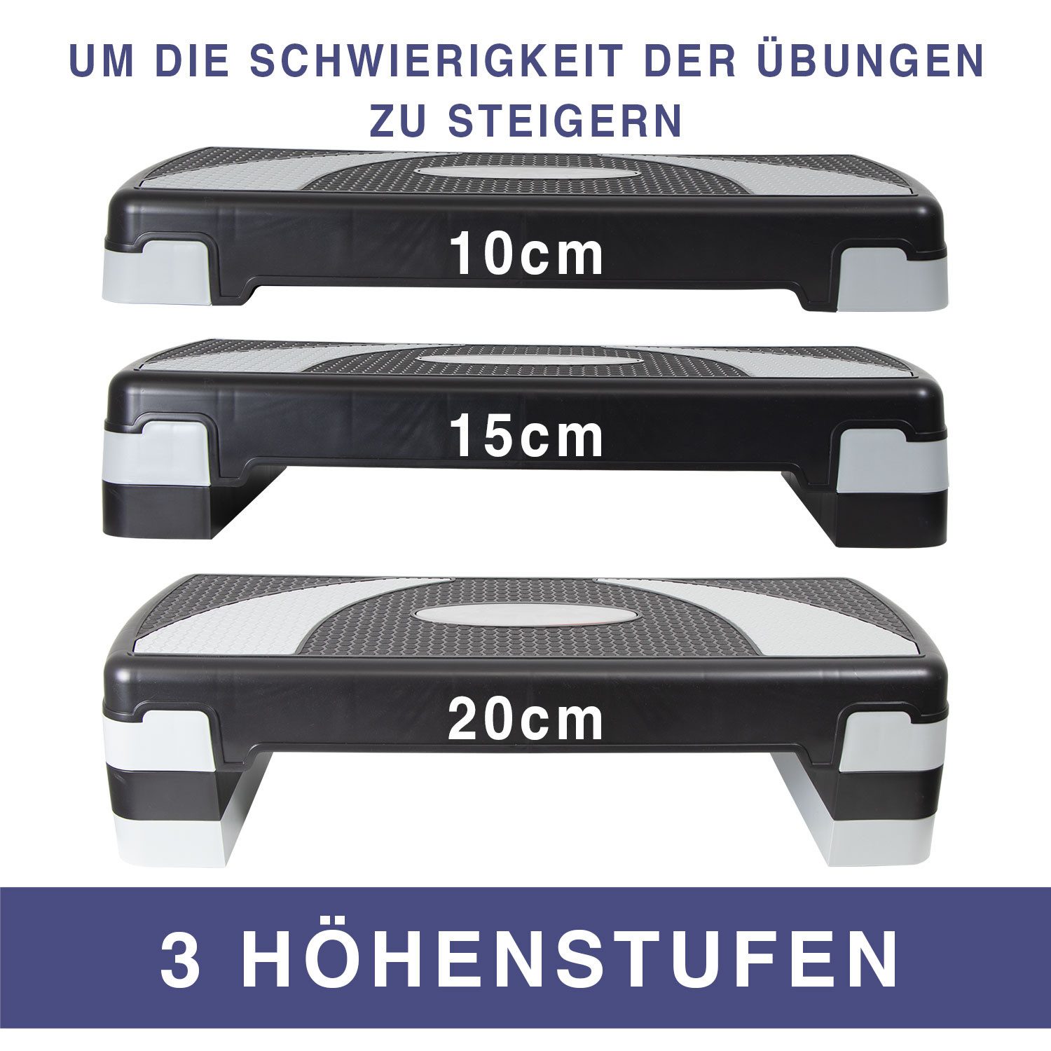 KVOTA Stepper Steppbrett 3-stufig grau – höhenverstellbar 10–15-20 cm für Fitness, Kompakt, leicht und schnell verstellbar, Trittfläche ca. 74 × 25 cm
