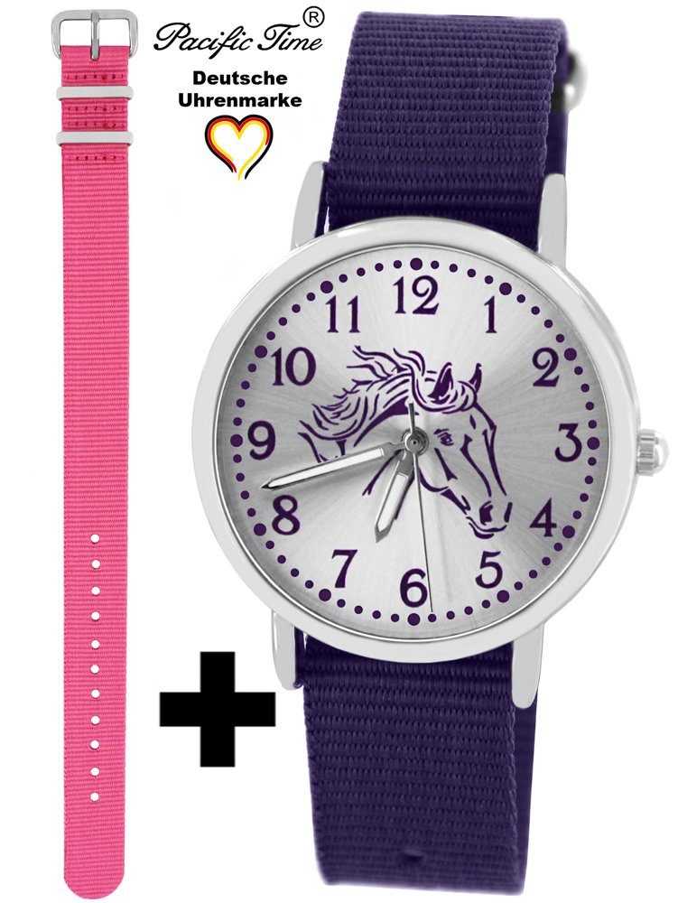 Pacific Time Quarzuhr Set Kinder Armbanduhr Pferd violett Wechselarmband, Mix und Match Design - Gratis Versand rosa und violett