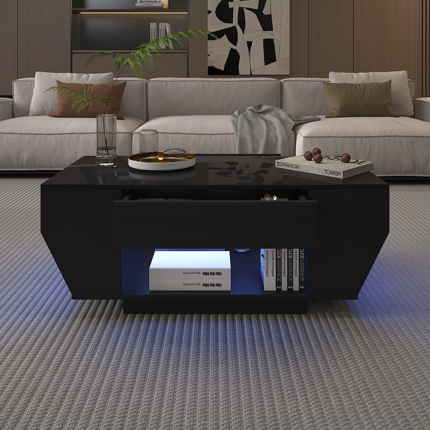 radelldar Couchtisch mit LED-Beleuchtung & 2 Schubladen, Hochglanz-Weiß/Schwarz (1-St), Boot-Form Design, Fernbedienung für dein Wohnzimmer