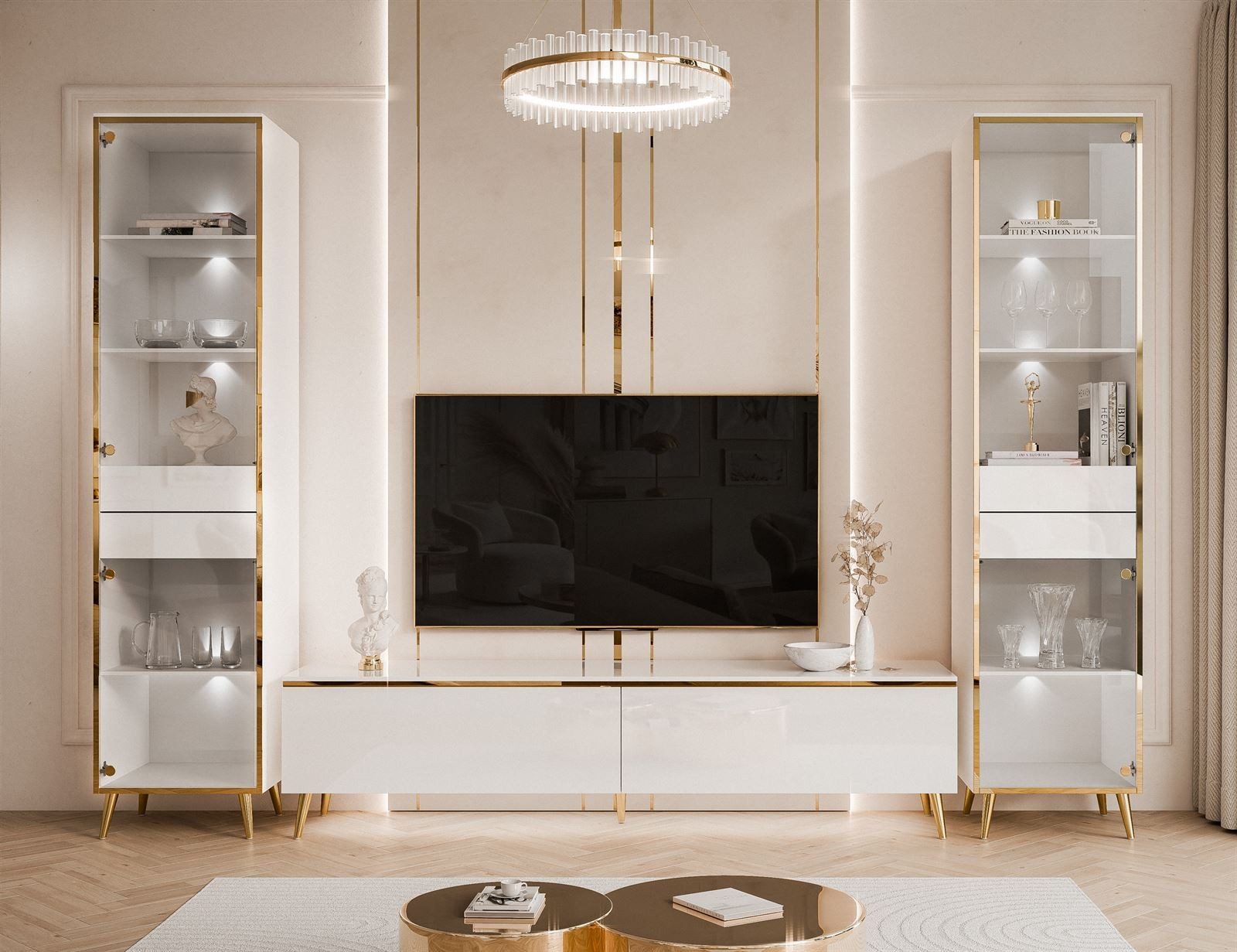 ALLHOUSE24 Wohnzimmer-Set Möbelset PEONY GOLD mit LED weiß Hochglanz Glasvi günstig online kaufen