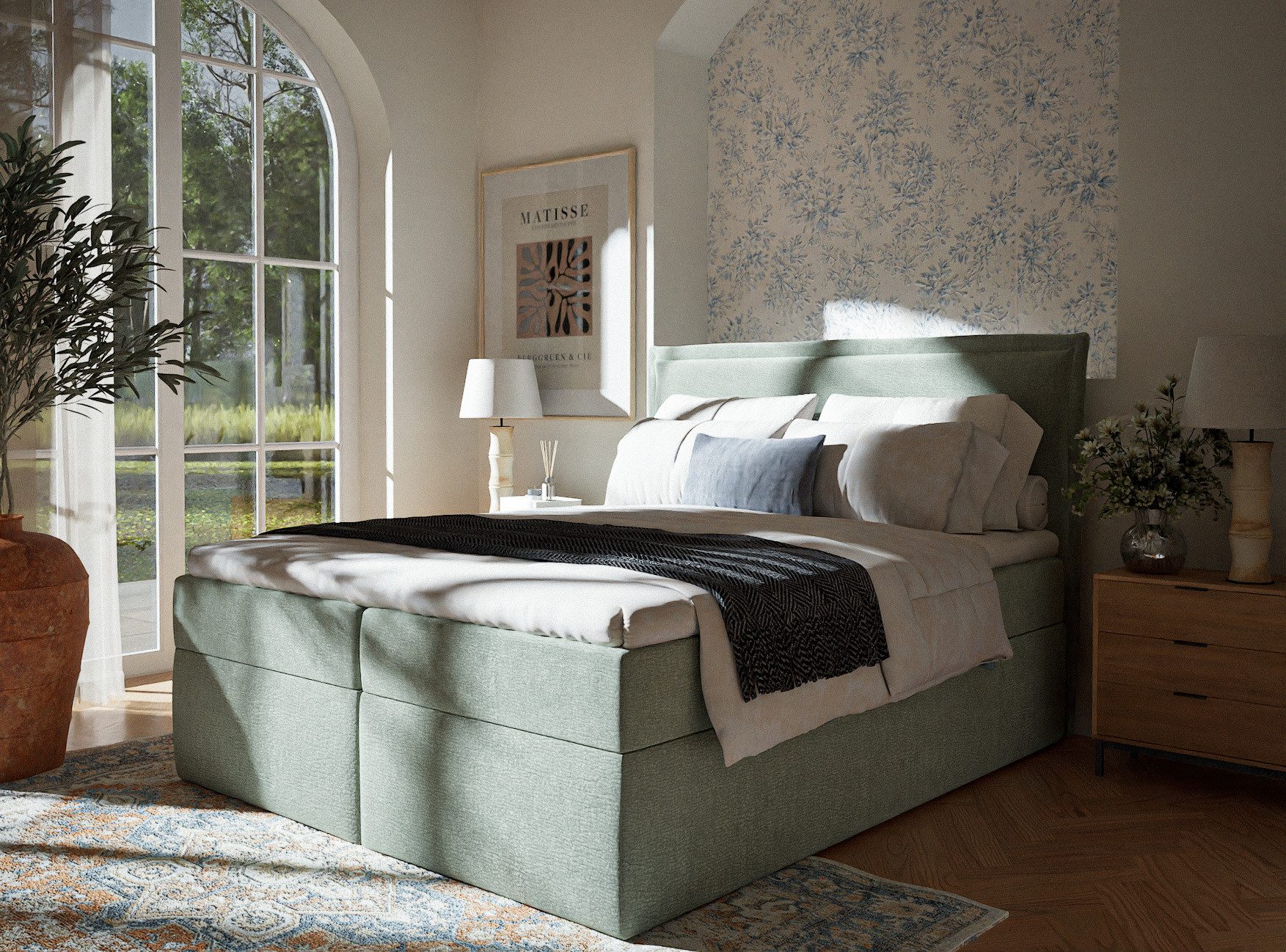 Maison de Rêve Boxbett Kubric mit Bettkasten (Matratze, Stauraum, Kopfteil, Topper), Boxspringbett mit Taschenmatratze H3, Doppelbett, inkl. Latex-Topper