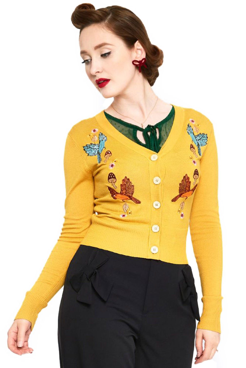 Voodoo Vixen Strickjacke Yellow Woodland Cardigan Retro Vintage Vögel Pilze