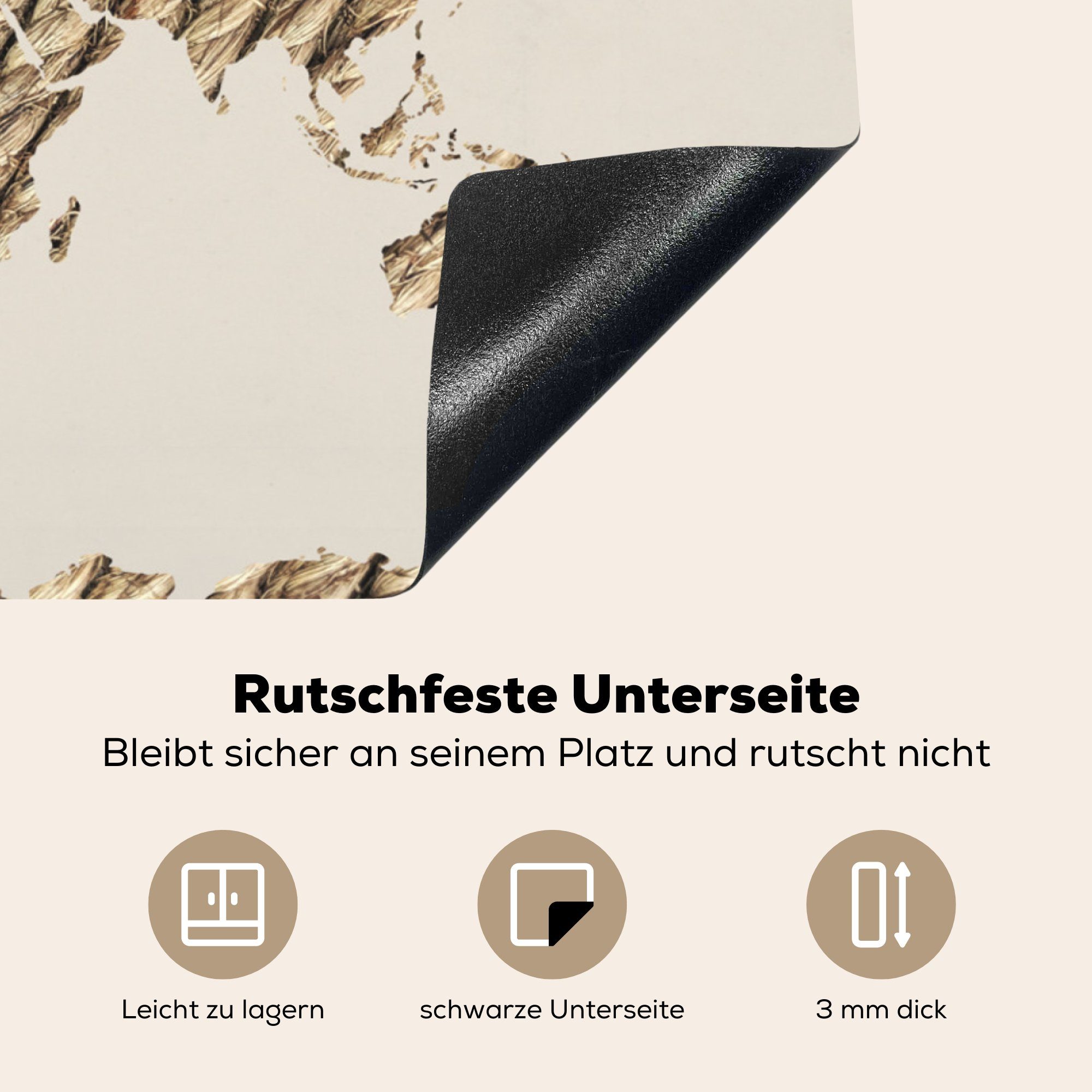 Beige, tlg), Induktionskochfeld Weltkarte Seil für MuchoWow Vinyl, Ceranfeldabdeckung Schutz 71x52 die (1 Herdblende-/Abdeckplatte küche, - - cm,