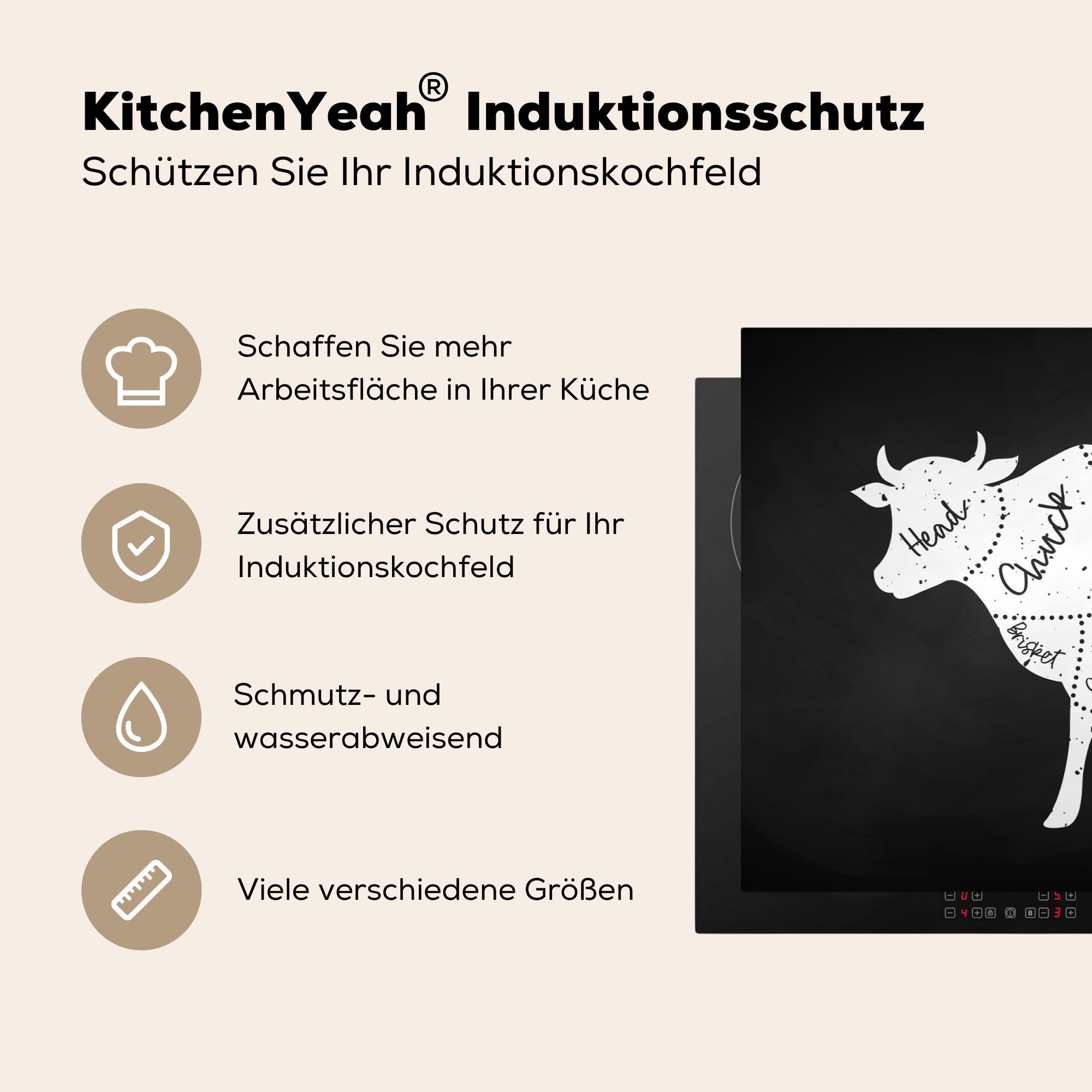 Herdblende-/Abdeckplatte - cm, - küche, Fleisch, tlg), Induktionskochfeld (1 Vinyl, 81x52 MuchoWow Küche die für Ceranfeldabdeckung Schutz Kuh