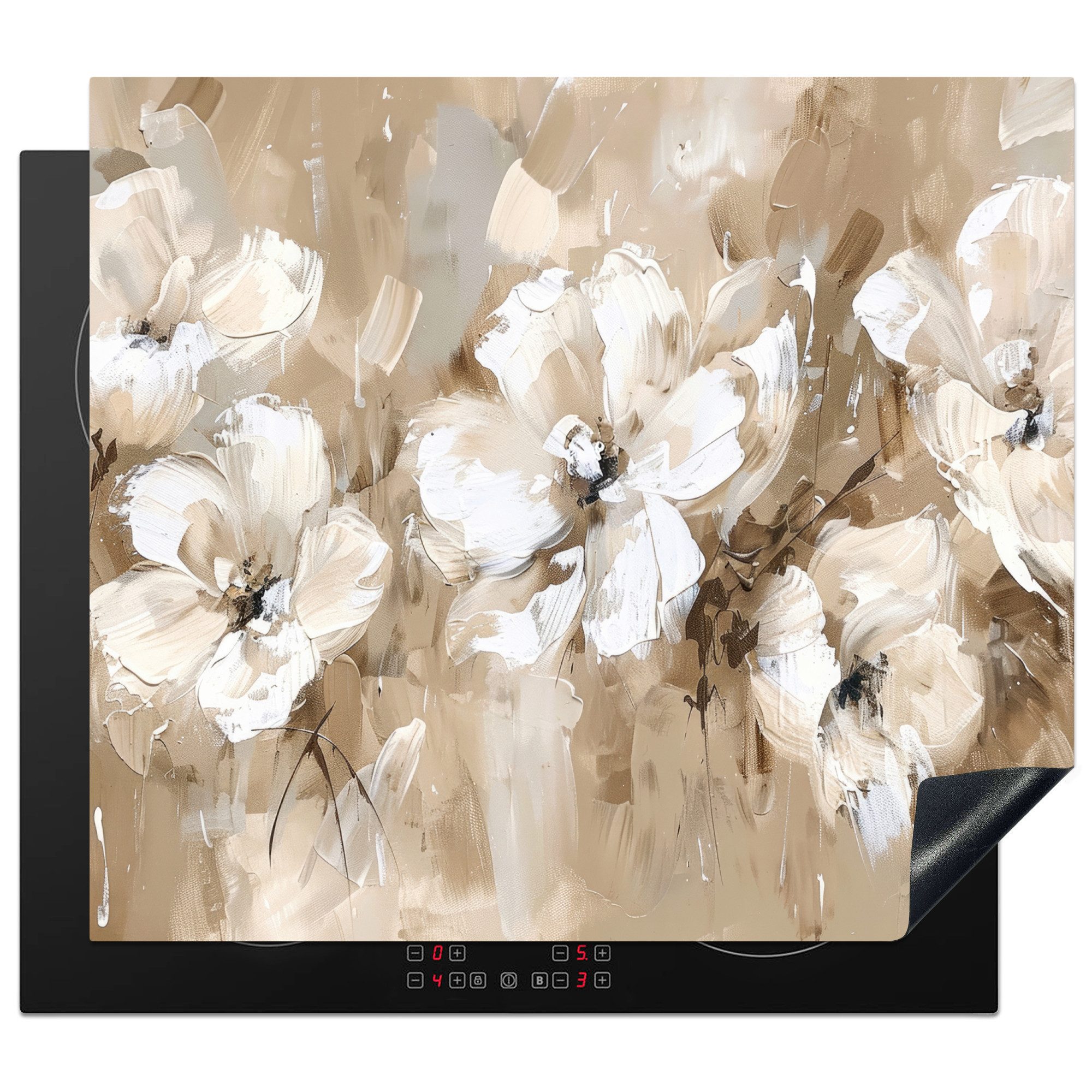 MuchoWow Herd-Abdeckplatte Beige - Blumen - Abstrakt - Modern, Vinyl, (1 tlg), Ceranfeldabdeckung Küche, Herdabdeckplatte Einteilig, 60x52 cm