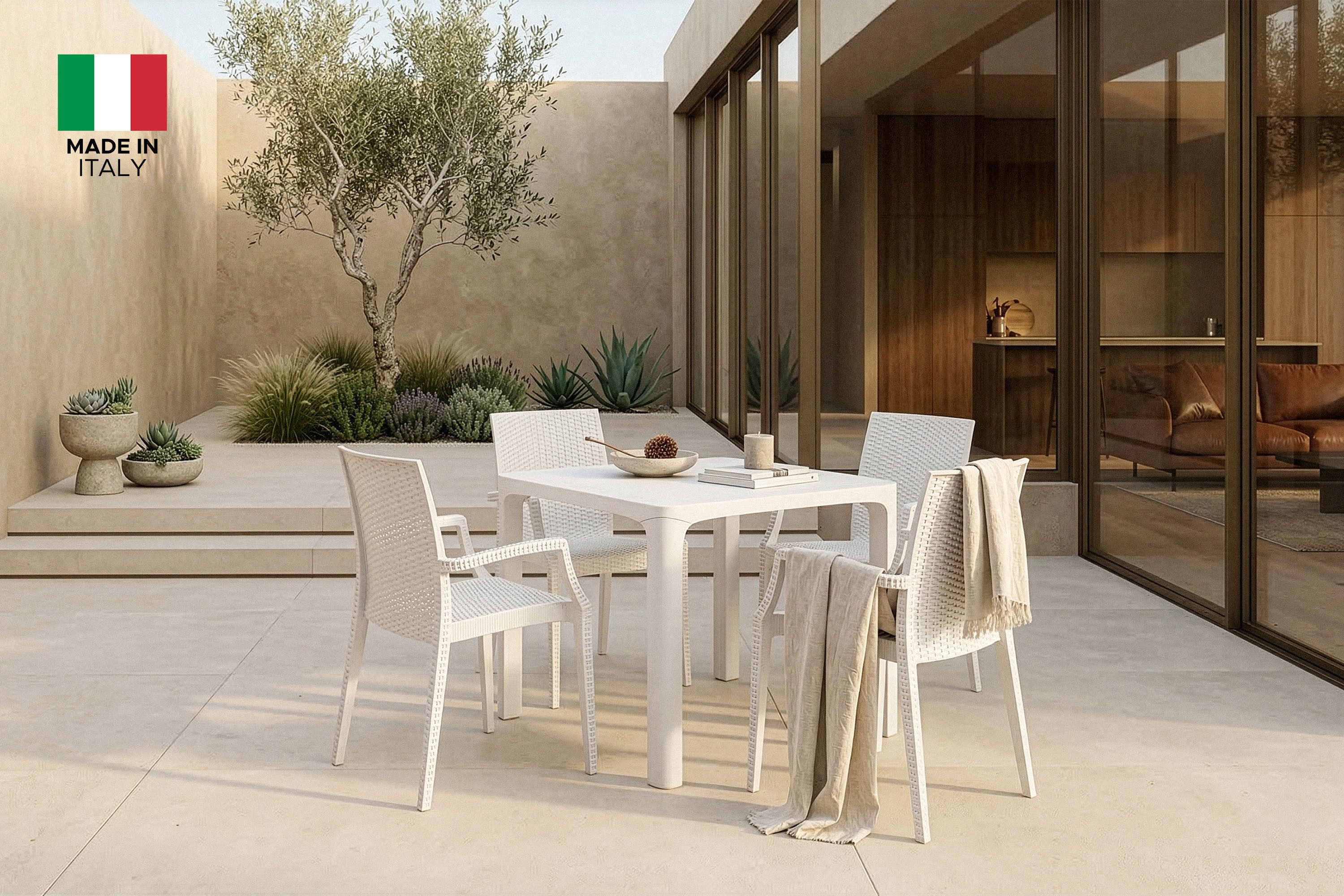 KONSIMO® Gartentisch LEOPSI Tisch aus Polypropylen, höchste Premium-Qualität, pflegeleicht (1-St., quadratischer Gartentisch), matte Oberfläche, mit Schirmloch, wetterbeständig (80x72x80 cm)