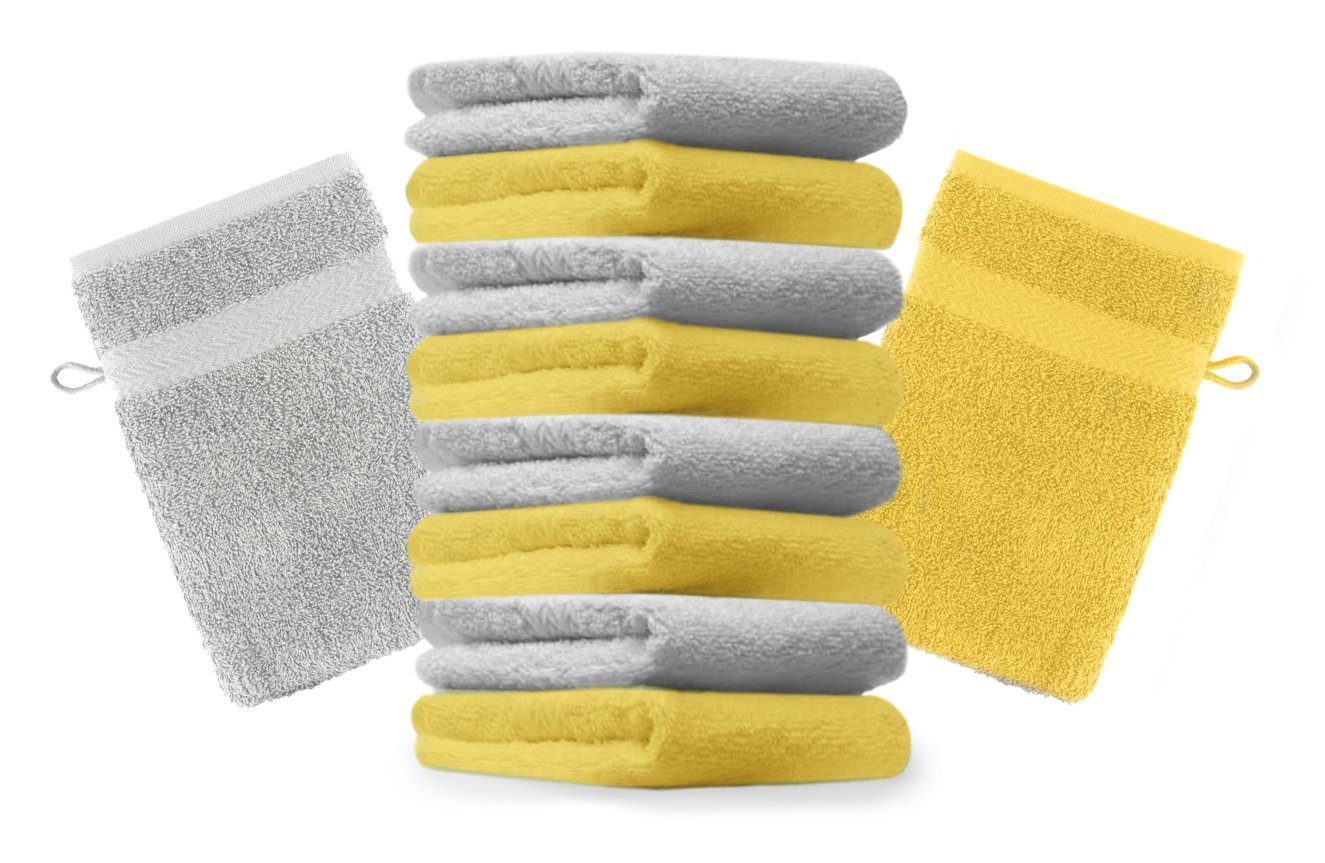 Betz Waschhandschuh 10 Stück Waschhandschuhe Premium 100% Baumwolle Waschlappen Set 16x21 cm Farbe gelb und Silbergrau (10-tlg)