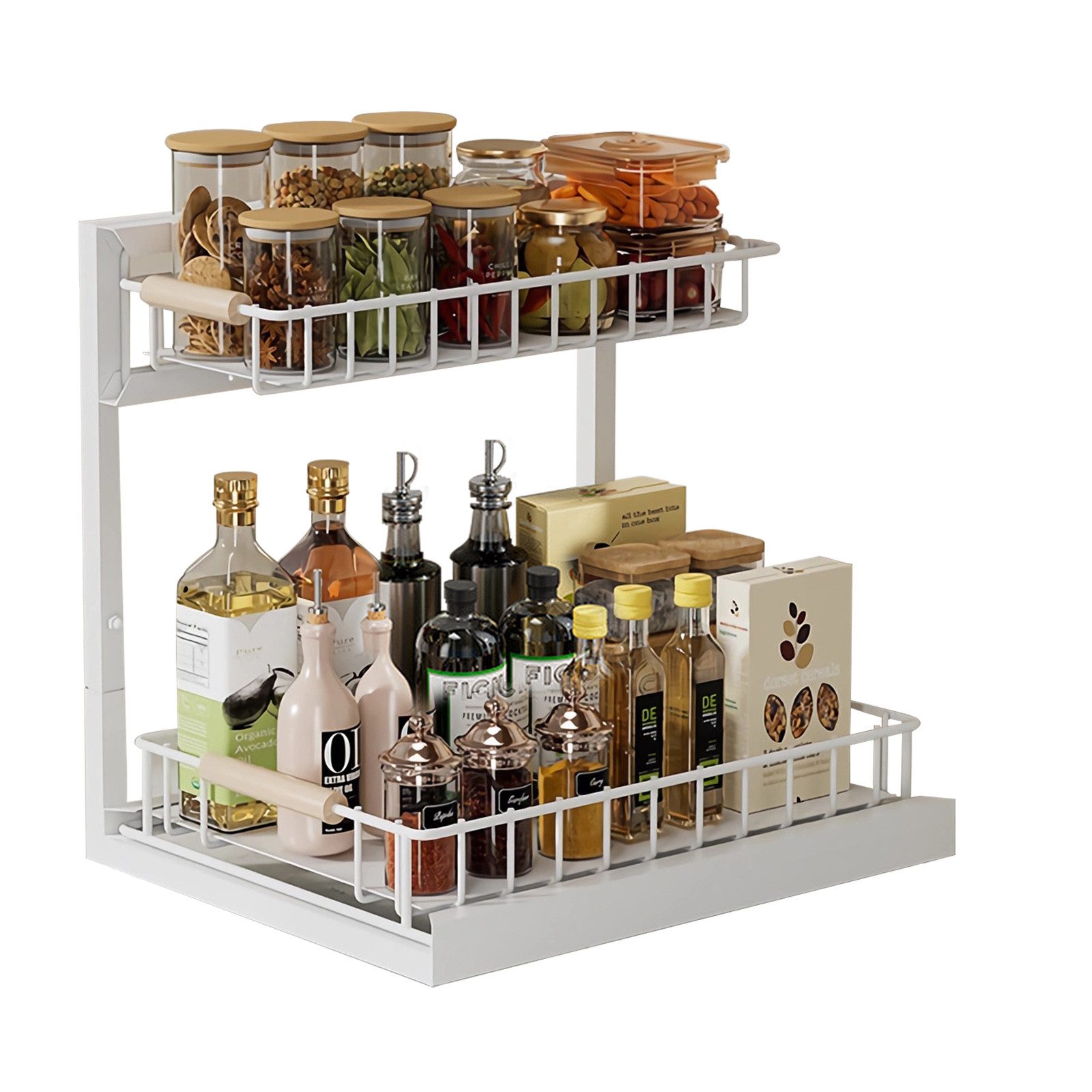 Rhein Beleuchtung Küchenorganizer-Set L-Design Küchenunterschrank Organizer Regal Weiß, 2-stufig, (Set, 1-tlg., Küchen Organizer & Küchenregal für Bad/Küche – kompakt & robust), Ausziehbarer Schrank Organizer – ohne Bohren & flexibel verstellbar