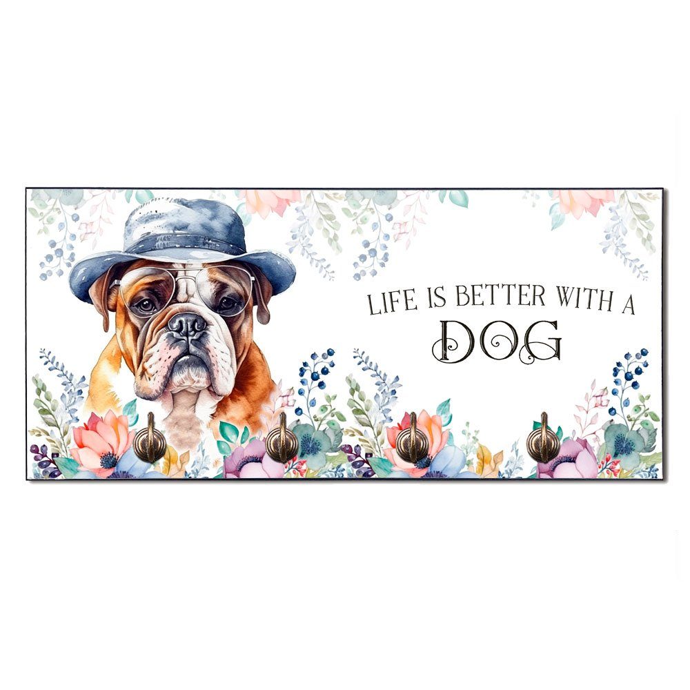 Cadouri Wandgarderobe ENGLISCHE BULLDOGGE Hundegarderobe - Wandboard für Hundezubehör (Garderobe mit 4 Haken), MDF, mit abgeschrägten Ecken, handgefertigt, für Hundebesitzer