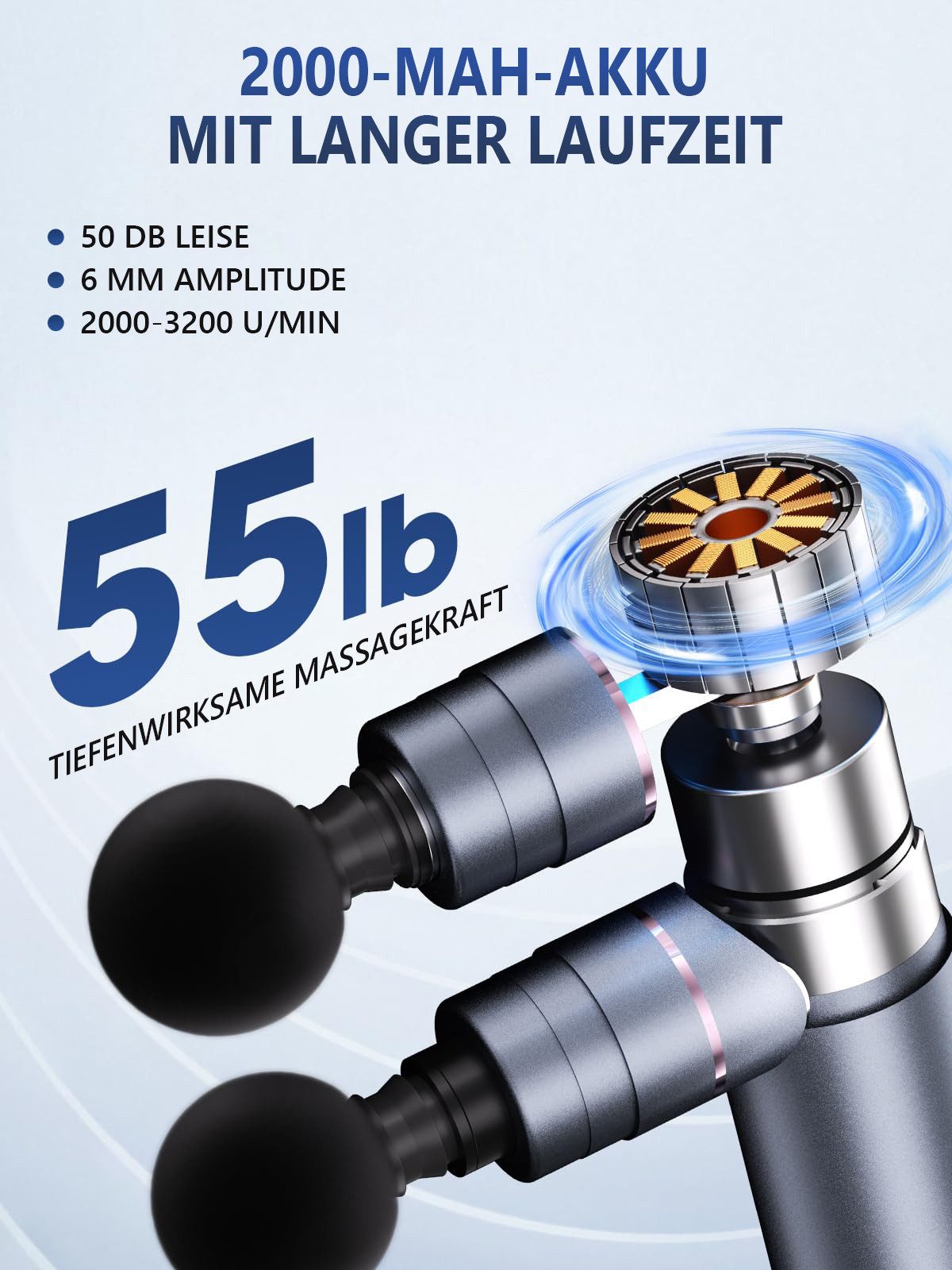 AIBISTAR Massagegerät Massagepistole Muskelmassagegerät 3200 U/min mit 5 Aufsätzen, Set, 1x Massagepistole 1x USB-C Ladekabel 1x Bedienungsanleitung, Doppelkopf-Design, 5 Stufen bis 3200 U/min, USB-C Akku 2000 mAh
