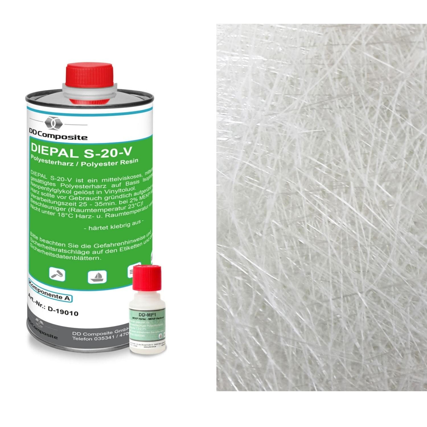 Reparatur-Set 1kg GFK Polyesterharz + 1m² Glasfasermatte 300g/m²