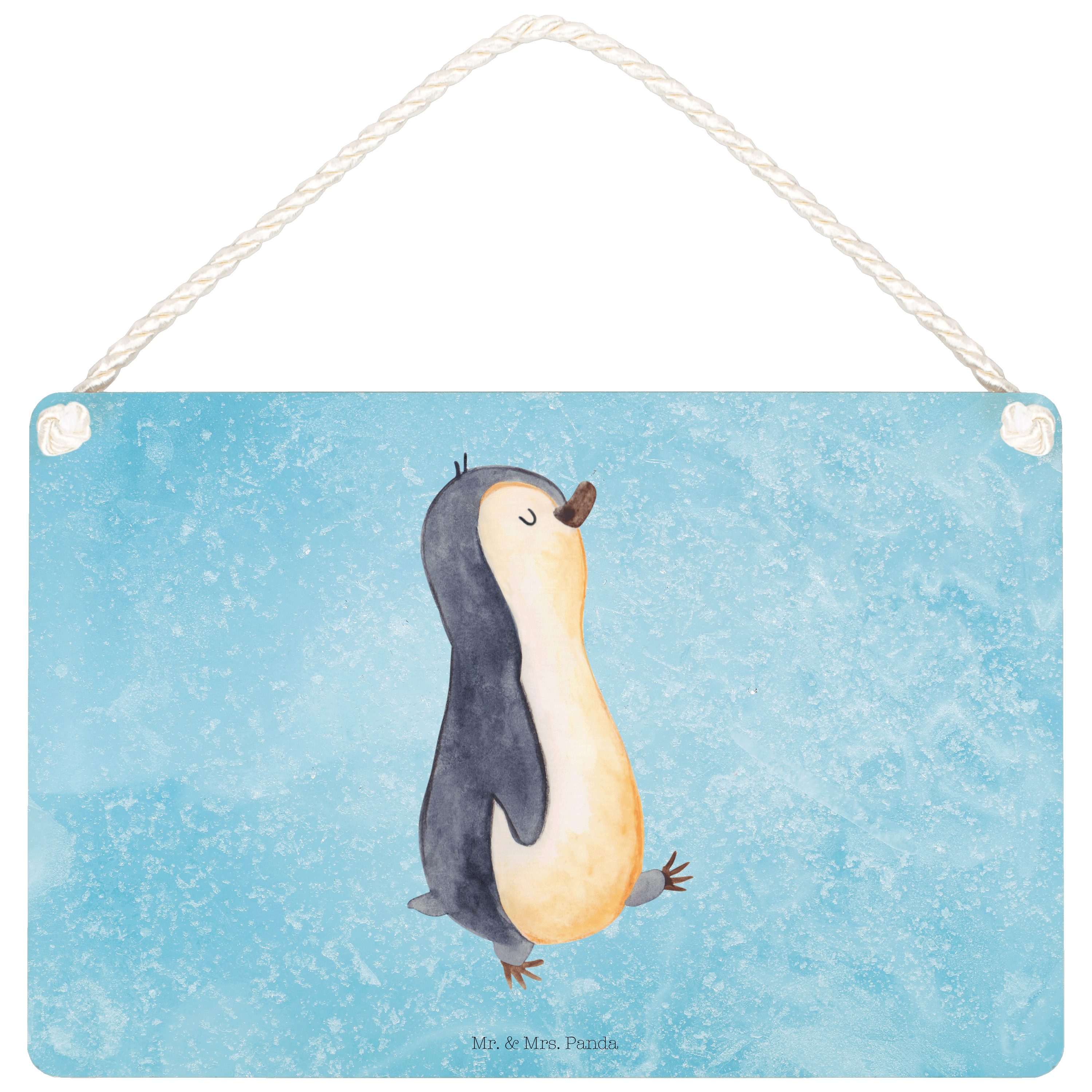 Mr. & Mrs. Panda Hinweisschild DIN A5 Pinguin marschieren - Eisblau - Geschenk, Tür Schild, Schild, (1 St), Mit Kordel zum Aufhängen