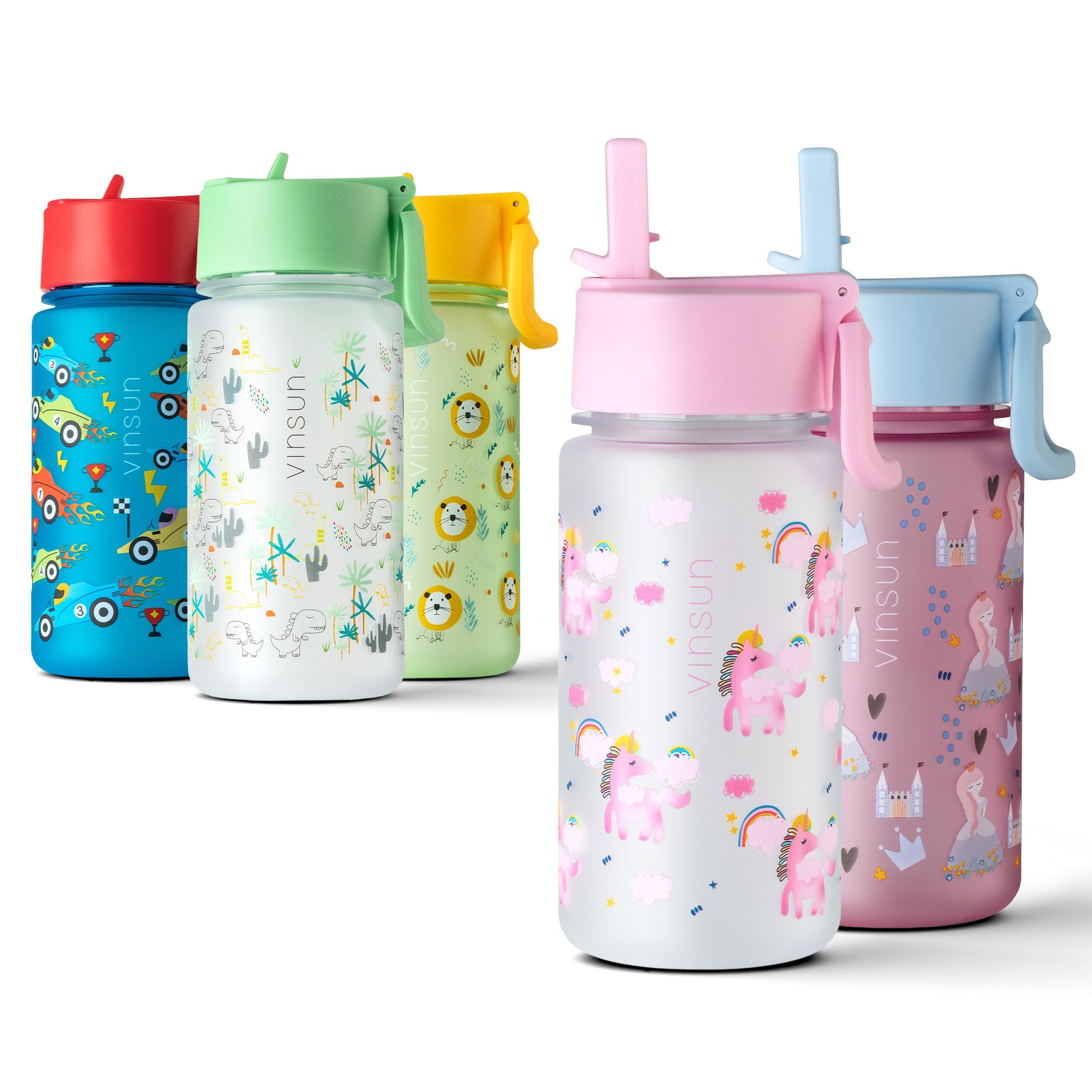 Vinsun Trinkflasche Trinkflasche Kinder 500ml - Auslaufsicher mit Strohhalm - rosa Einhorn, BPA frei, auslaufsicher, bruchsicher, Geruchs- und Geschmacksneutral