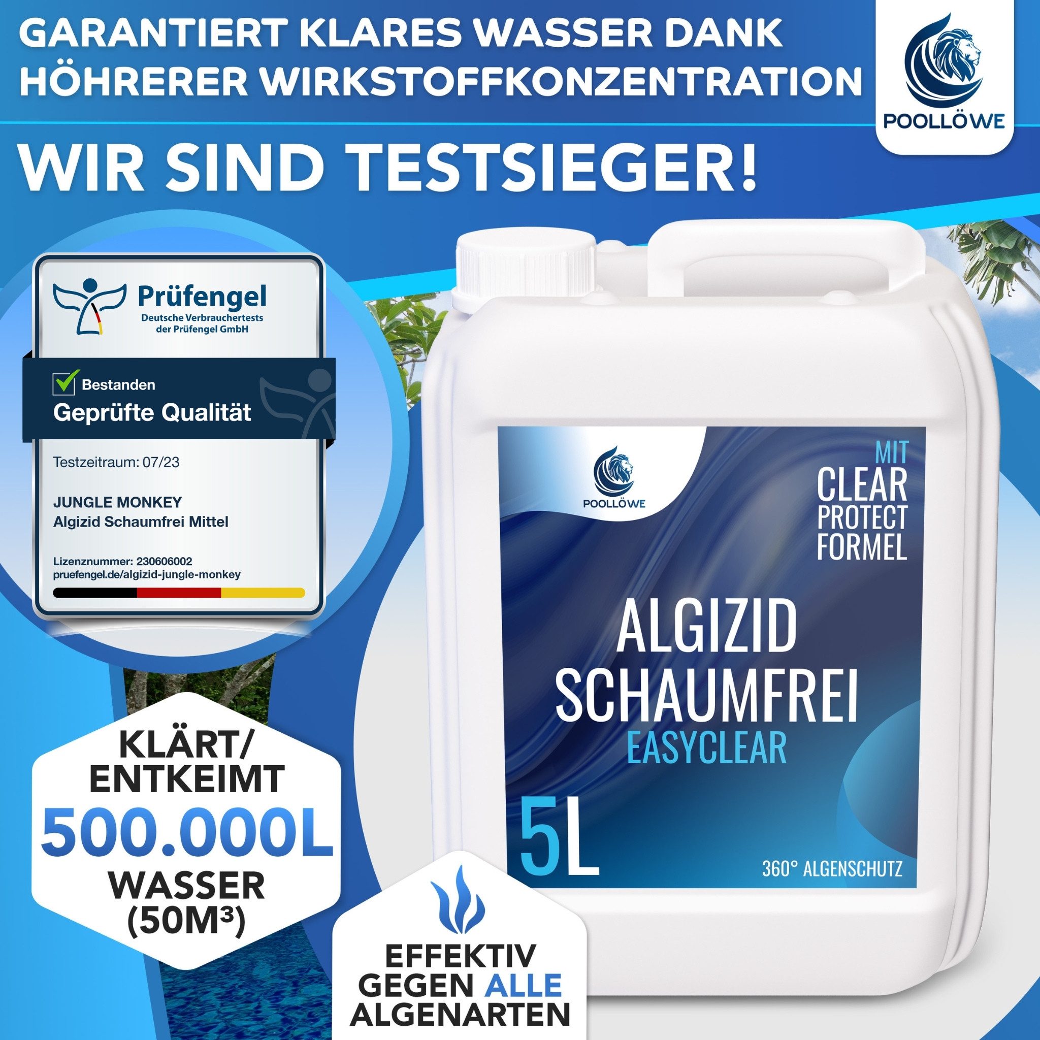 Poollöwe Poolpflege Algizid flüssig für Pool mit ClearProtect-Formel, 5–10L, ClearProtect-Formel, schaumfrei, chlorfrei, zertifiziert – Bild 2 von 5