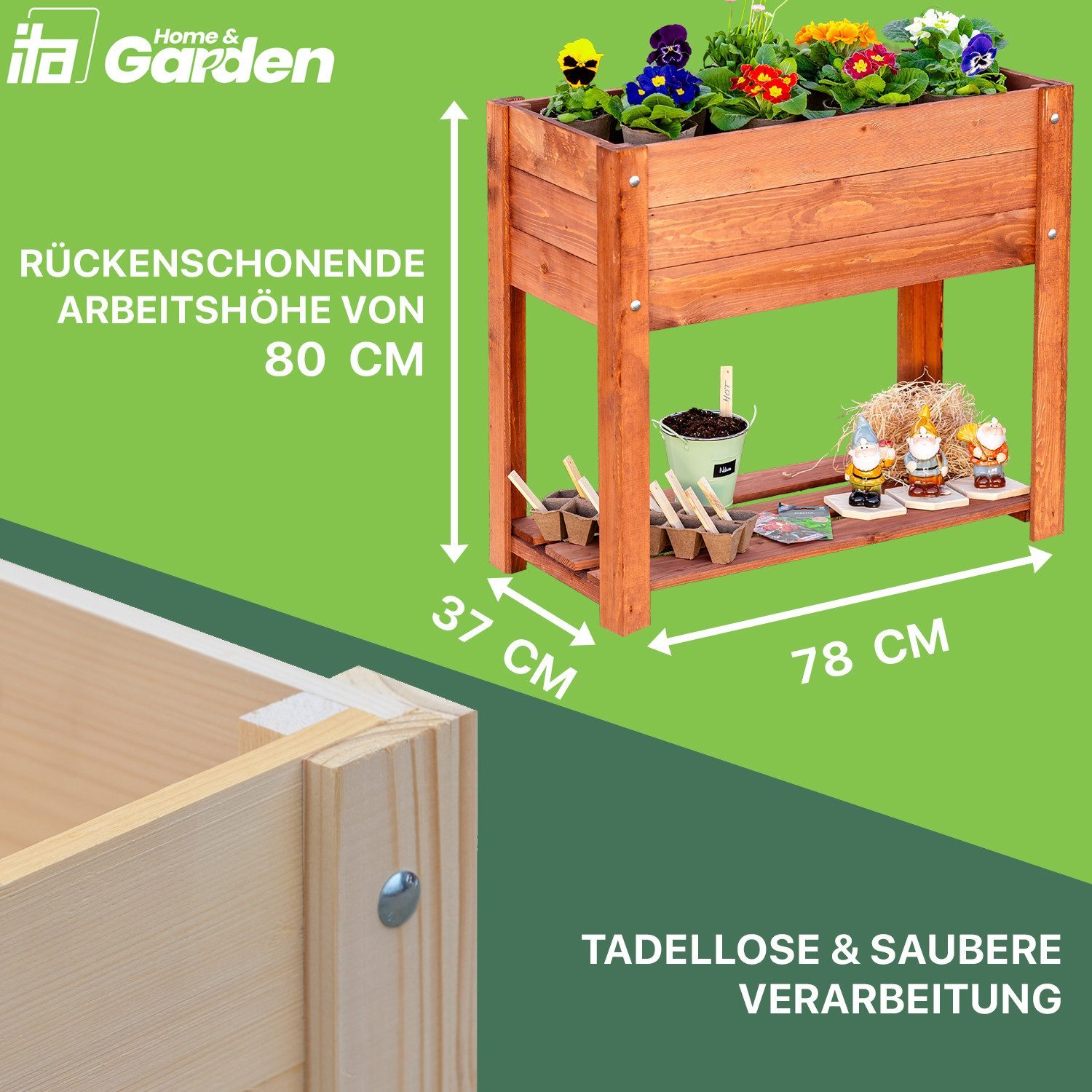 ITA Hochbeet Hochbeet 80x37x78 cm mit 1 Ebene und Ablage Gartenbeet Kräuterbeet (1 St), Wetterfest, mit Innenfolie, für Garten, Terrasse, Balkon