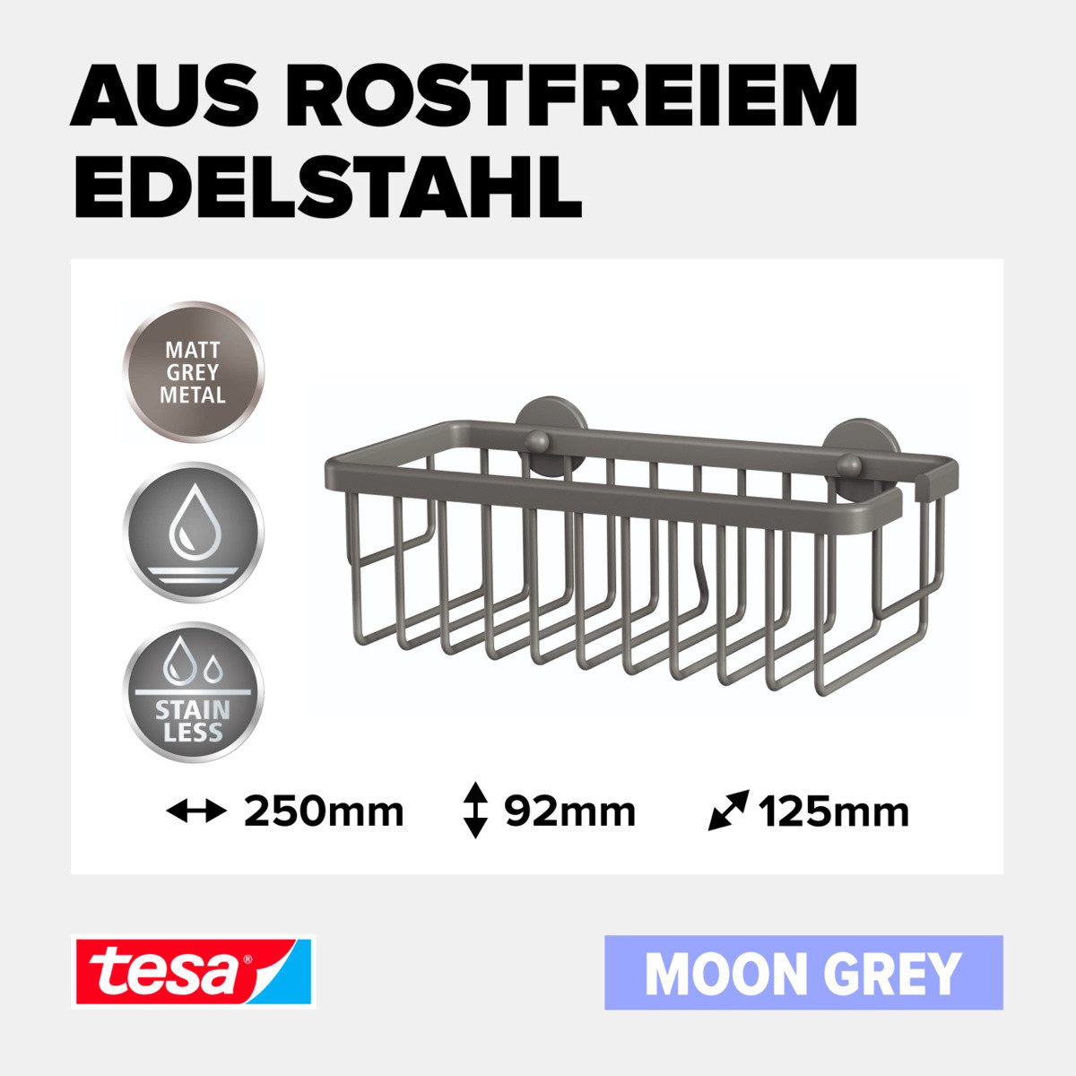 tesa Duschregal MOON Duschkorb ohne Bohren - 9,2 x 25 x 12,5 cm, Packung, selbstklebende Duschablage - matt grau
