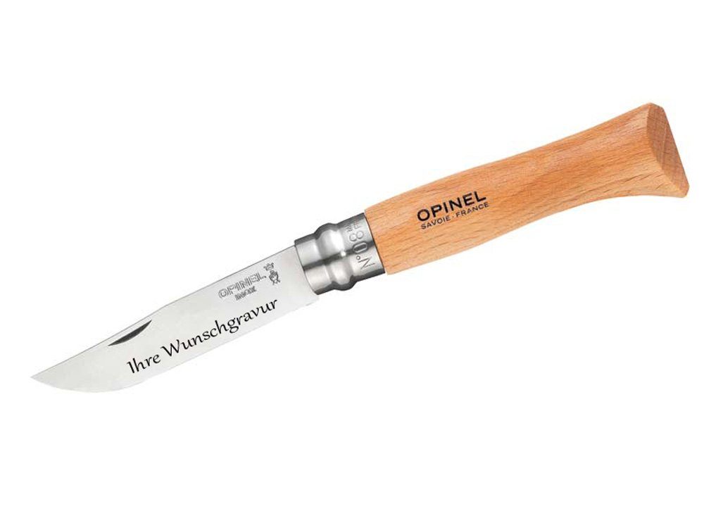 Opinel Taschenmesser No 08, Buche, rostfrei, Namensgravur mit