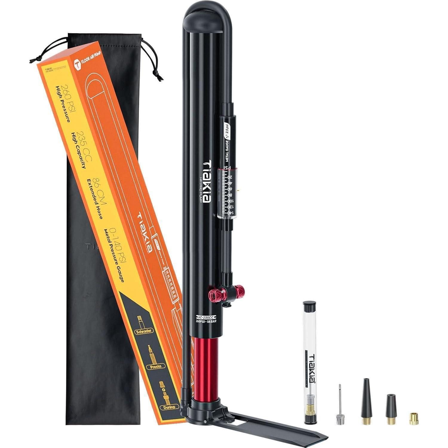 Tiakia Fahrradpumpe Hochdruck Standpumpe mit Manometer, 260PSI, Ventile Schrader