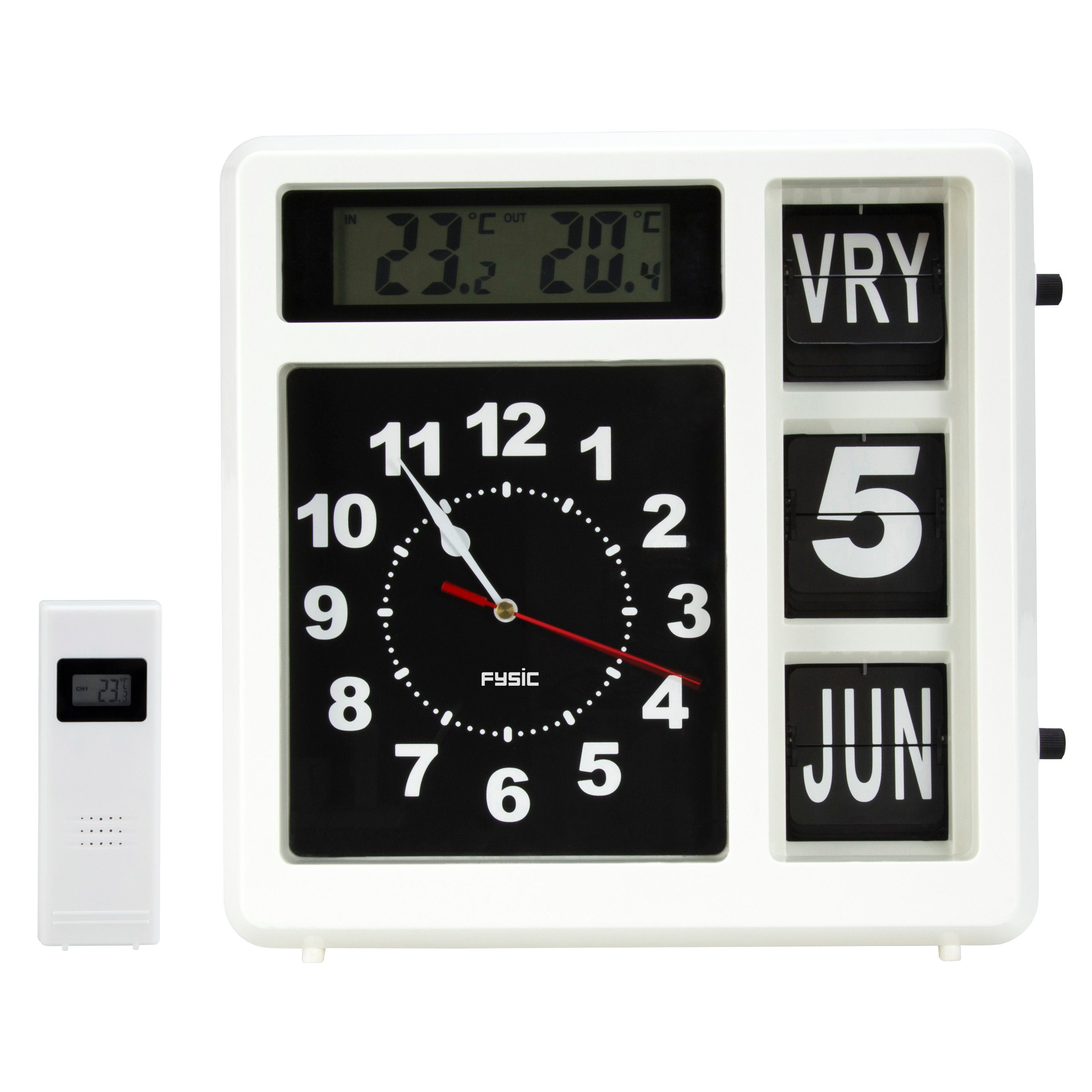 Fysic Wanduhr FKW-248 (Retro-Uhr mit Wetterstation (inkl Außensensor) mit 25m Reichweite)