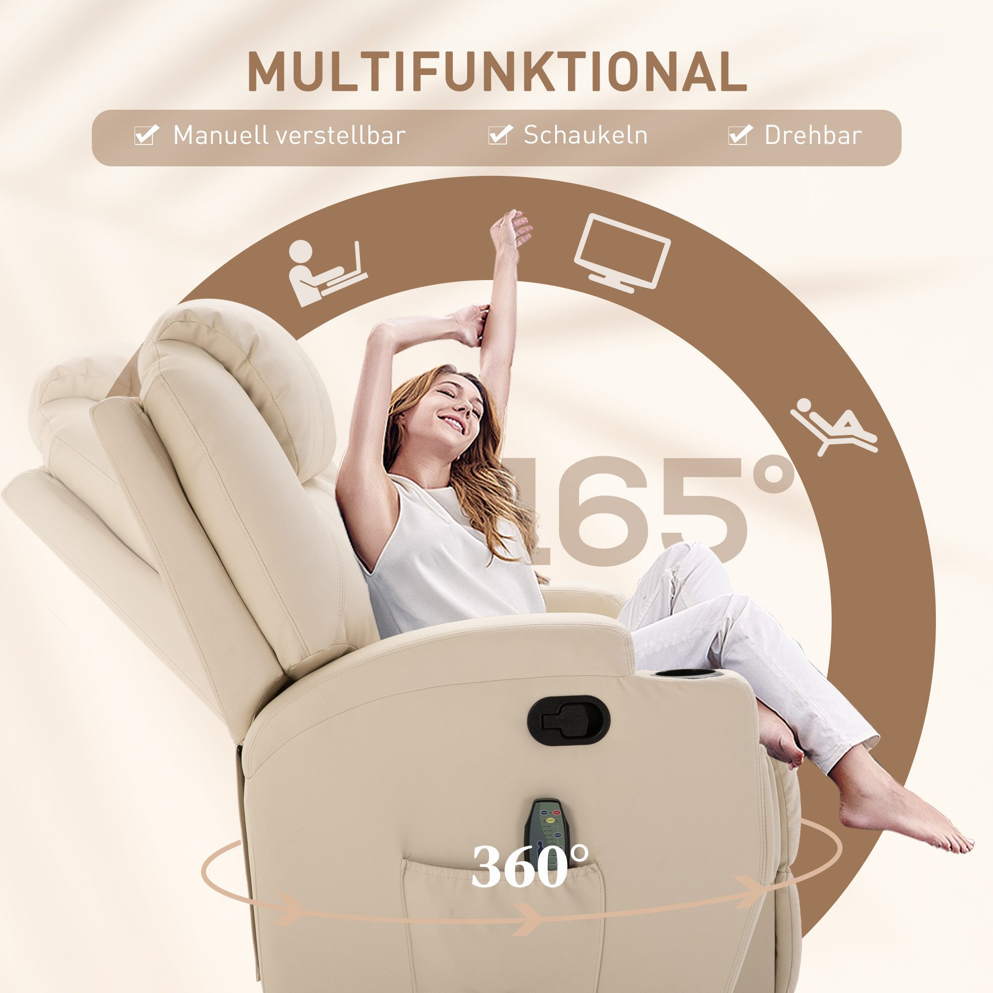 HOMCOM Massagesessel Elektrisch TV Sessel mit Liegefunktion Aufstehhilfe bis 160kg (Set, 1-St., Massagesessel), für Wohnzimmer, Cremeweiß – Bild 5 von 5