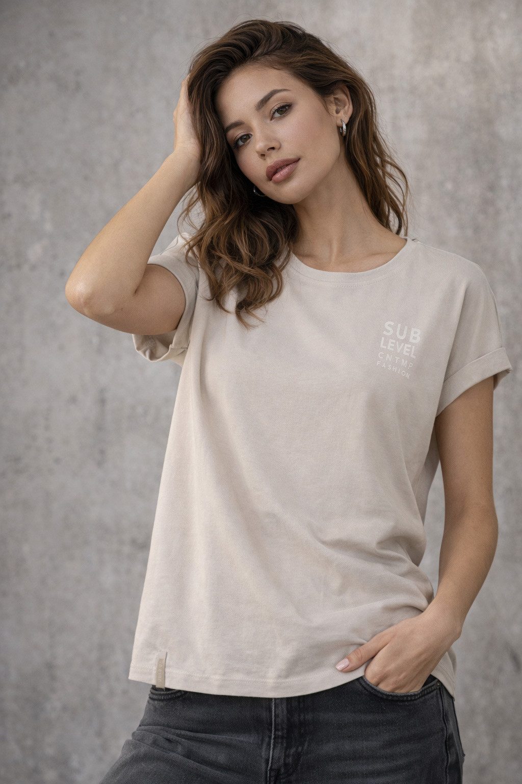 SUBLEVEL T-Shirt Damen Shirt Turn-Up Ärmel Weiches Basic Shirt Rundhals Kurzarm Baunwolle Modal Mix, super soft, unifarben, markenlogo