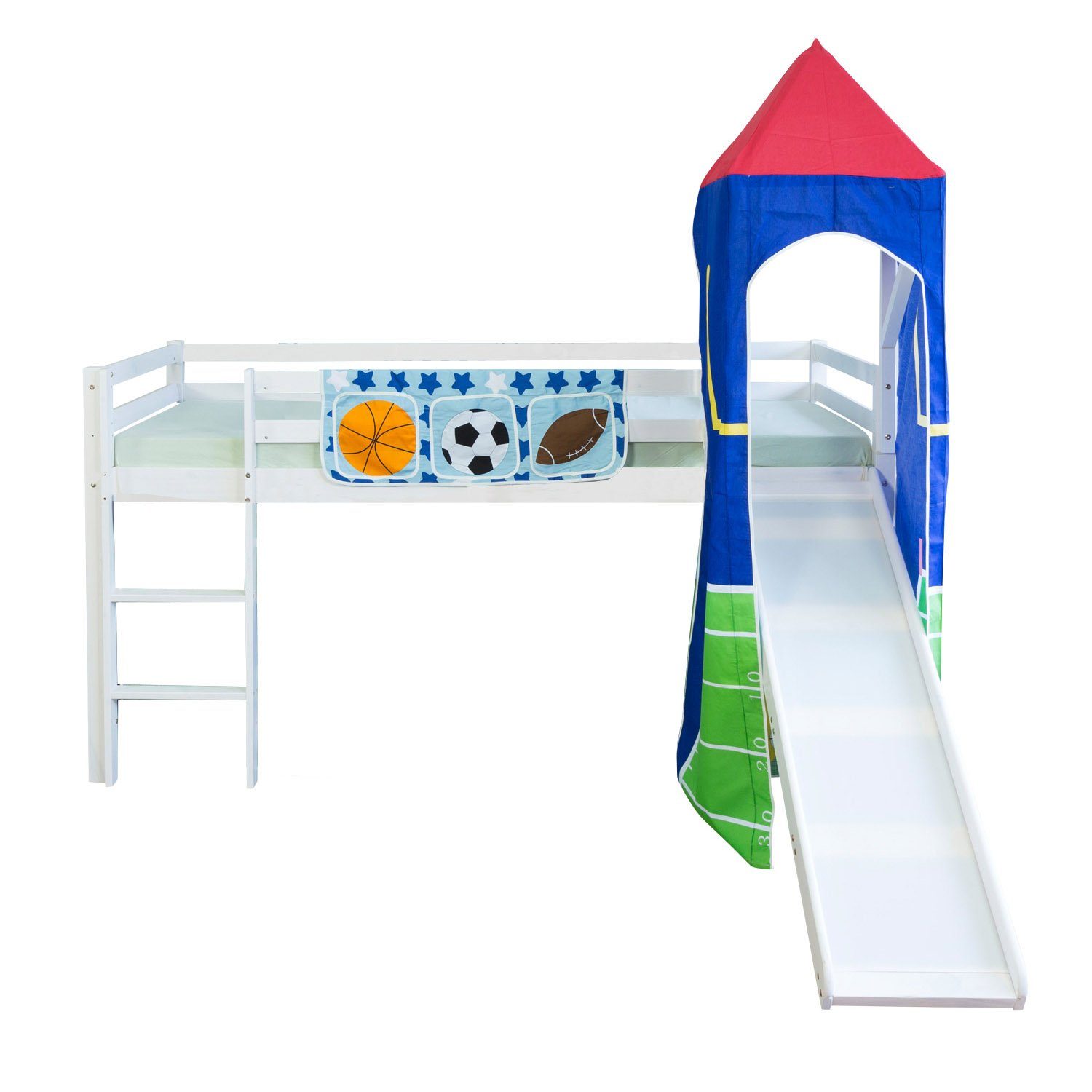 Homestyle4u Hochbett 90x200 Kinderbett cm mit Rutsche Spielbett Fußball Junge Kinder (mit Betttasche, Turm und Rutsche, Jungen Mädchen, aus Kiefernholz)