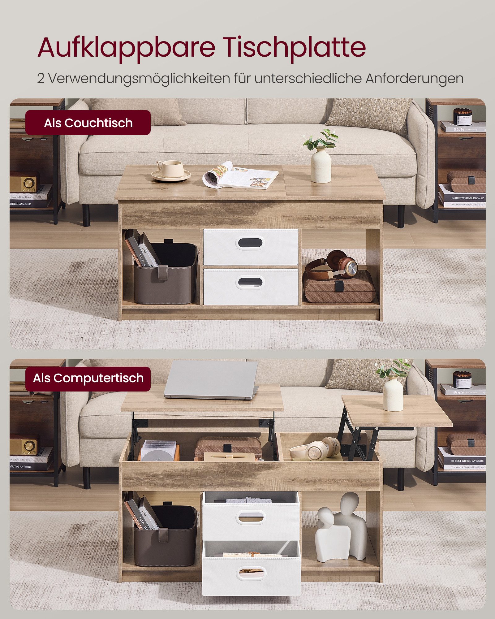 VASAGLE Couchtisch höhenverstellbarer Wohnzimmertisch, für Wohnzimmer, Homeoffice (inkl. Zubehörpaket & Anleitung), 2 Schubladen und versteckte Fächer, Kaffeeti – Bild 4 von 5
