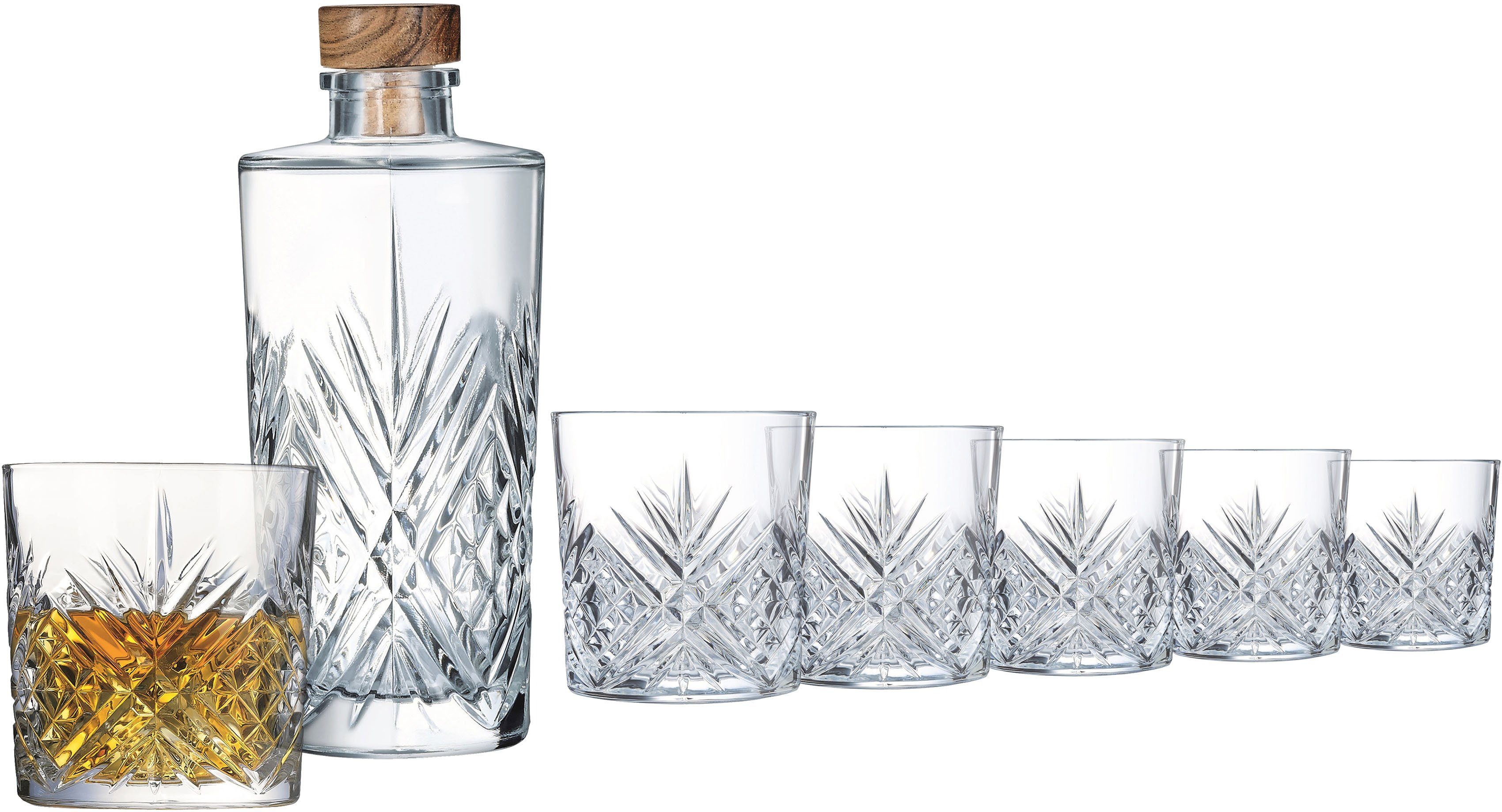 Leonique Gläser-Set »Mirka«, Glas, Whisky-Set (6 Whiskybecher, 1 Karaffe),  Schliff-Dekoration, Karaffe mit Holzdeckel, spülmaschinenfest online kaufen  | OTTO