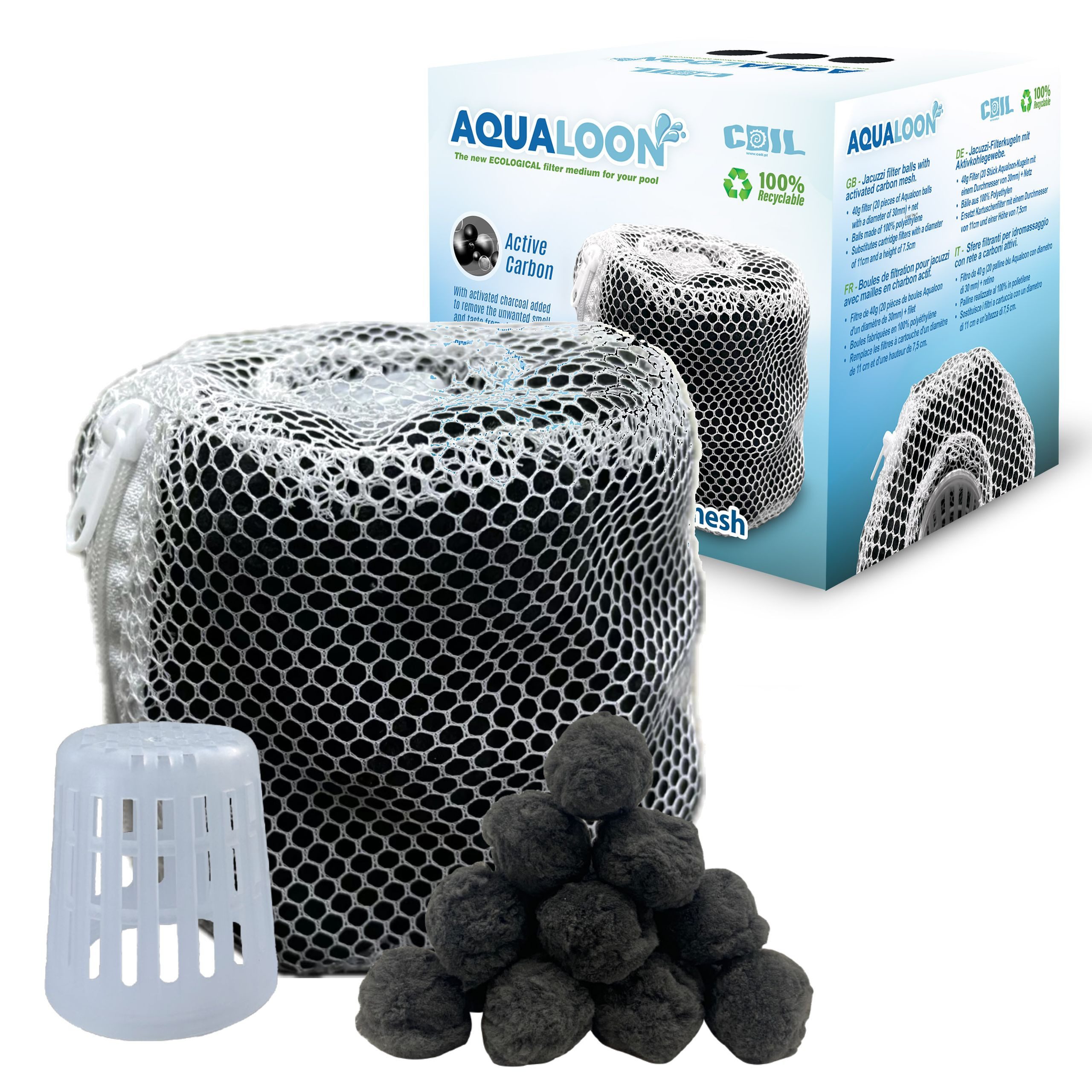 COIL Filterbälle Pool Filterbälle, Ökologischer Wasserfilter, Korb mit Filterbällen, für Spa, (Kompatibel mit Filter Typ VI Bestway und Intex Typ S1, 20 Stück, 20 Bälle enthalten), Die Bälle sind maschinenwaschbar, Wiederverwendbar
