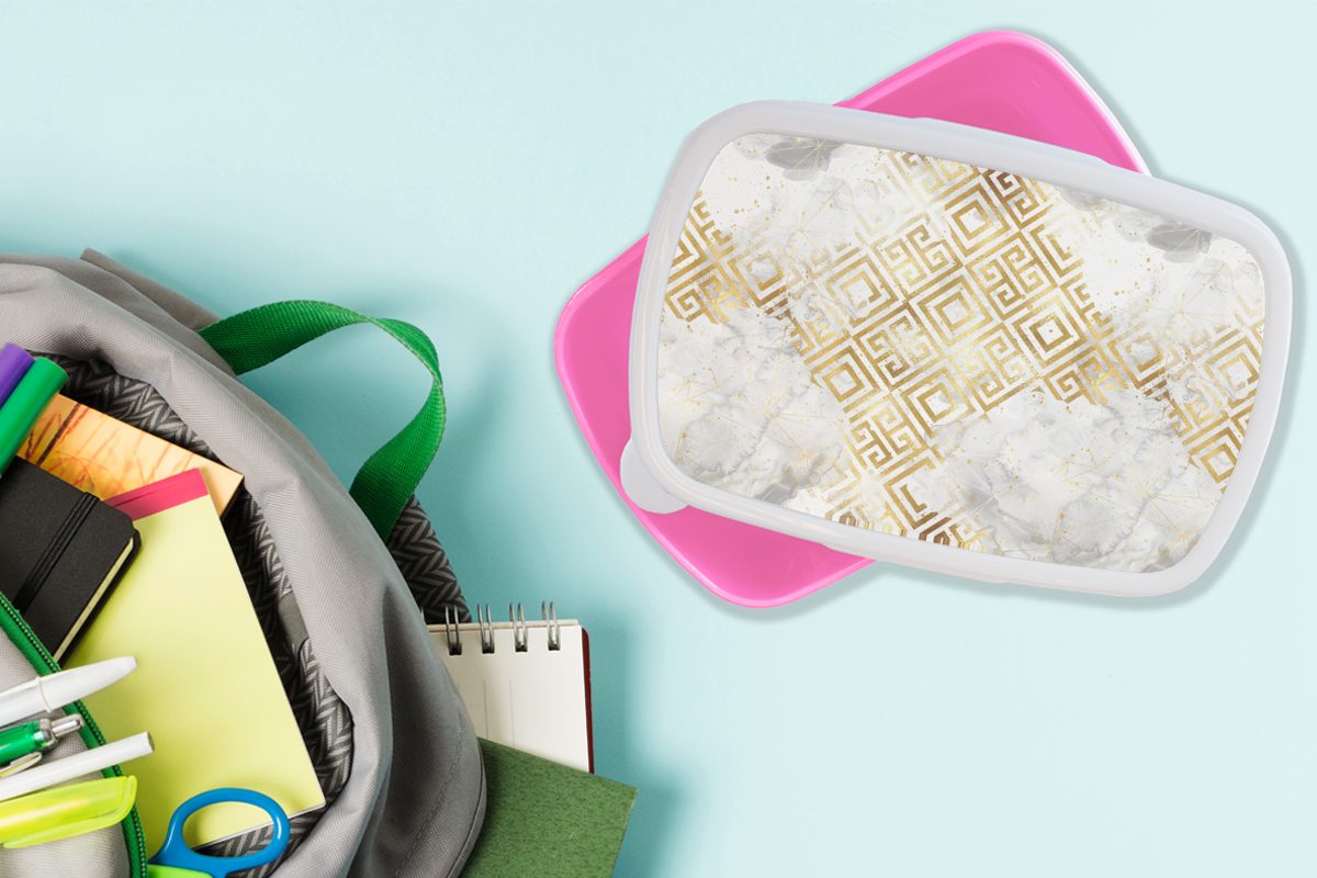 MuchoWow Lunchbox Snackbox, (2-tlg), für Marmor Muster Erwachsene, Geometrie, Brotdose rosa Kunststoff, Kinder, - Brotbox Mädchen, - Kunststoff Gold -