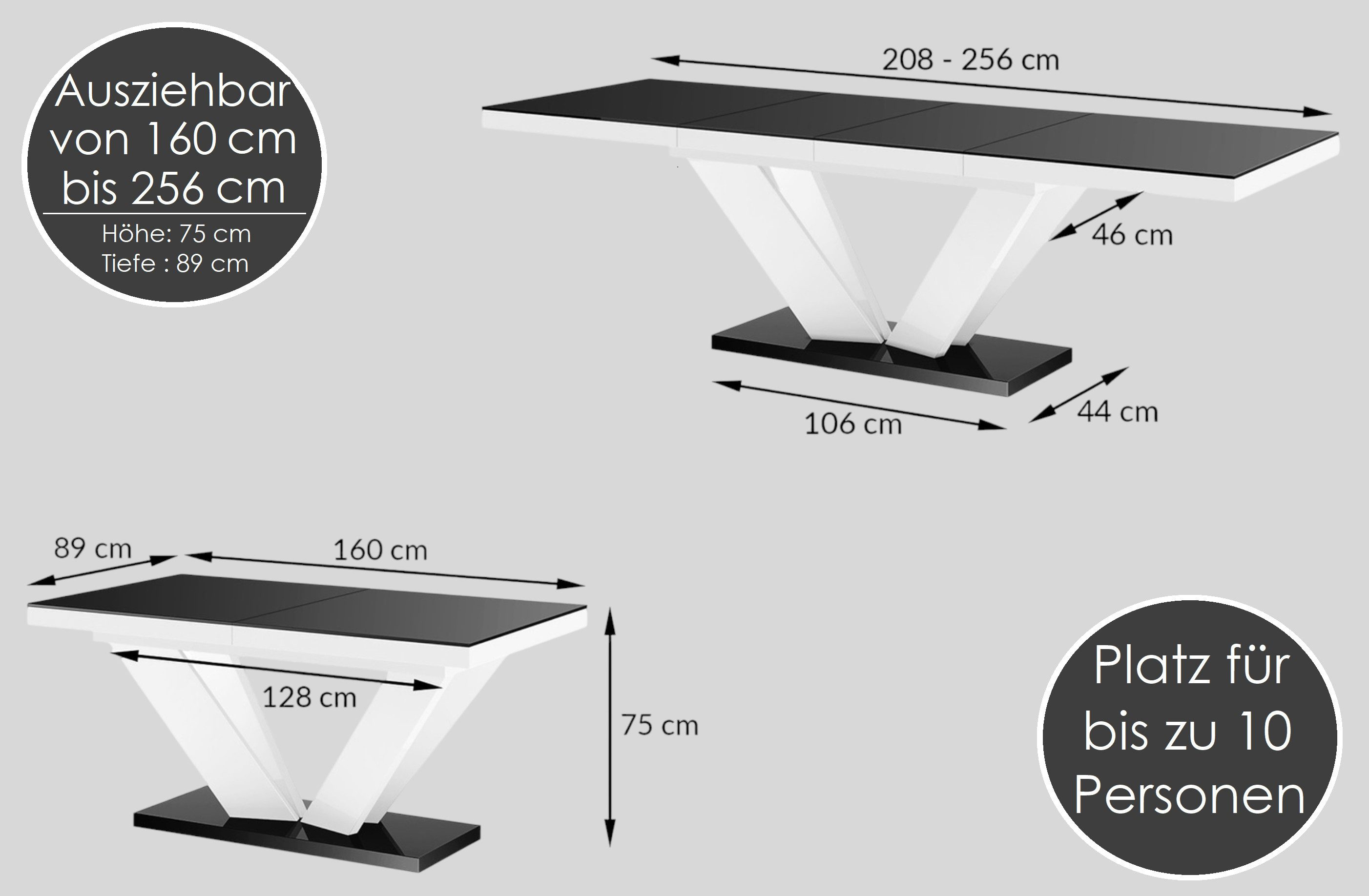 designimpex Esstisch Design Esstisch Tisch HEU-111 Hochglanz ausziehbar 160 bis 256 cm, Esstisch, Esszimmertisch, Tisch, Ausziehtisch, Küchentisch, Esszimmer