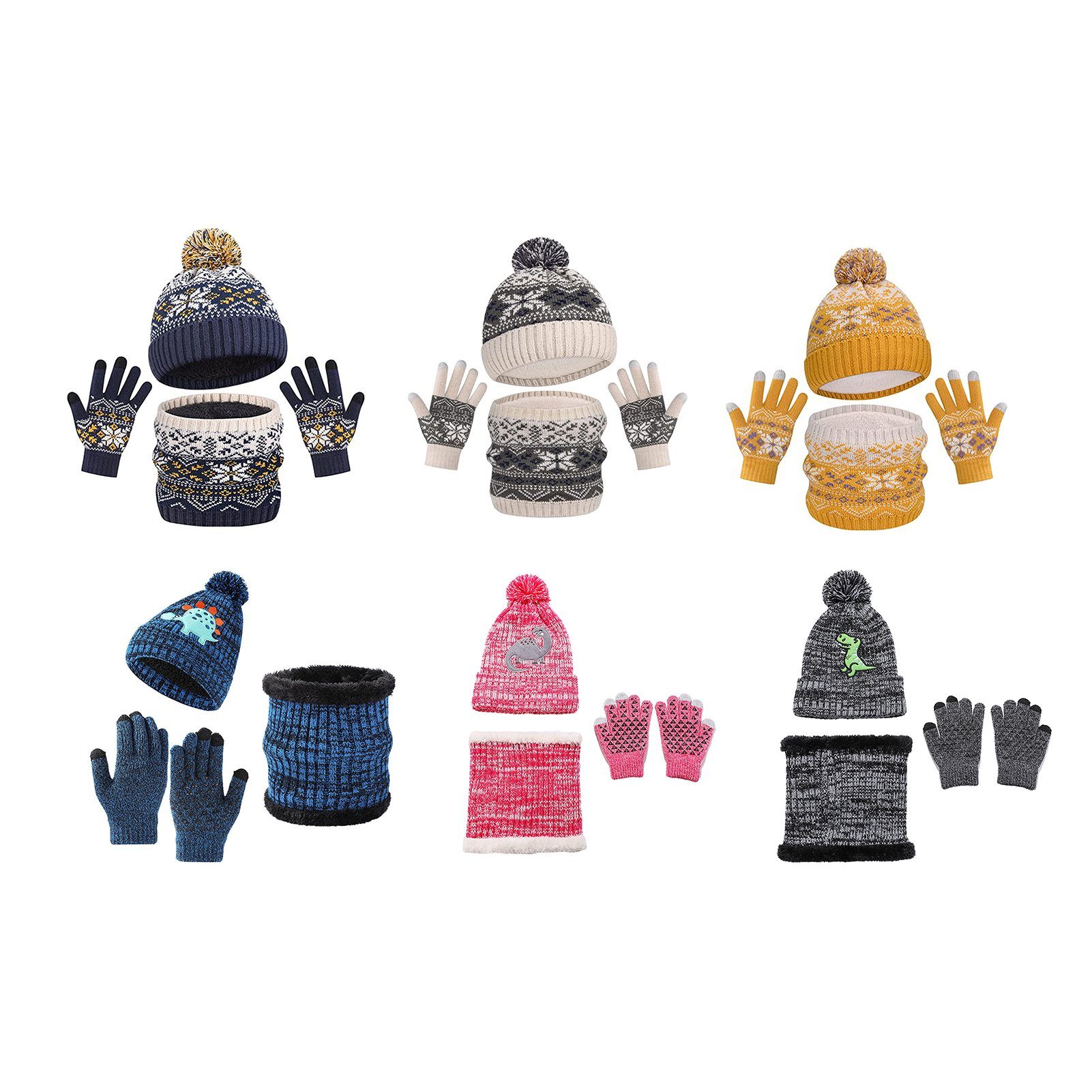 Rutaqian Mütze & Schal runder Kinder Cartoon Marineblau Mütze Set 3in1 Jungen Schal für Winter Schal Hut Set Handschuhe 2-8 Set Kinder Wintermütze Jahre) Handschuhe Kinder Hut (Strickmütze Beanie