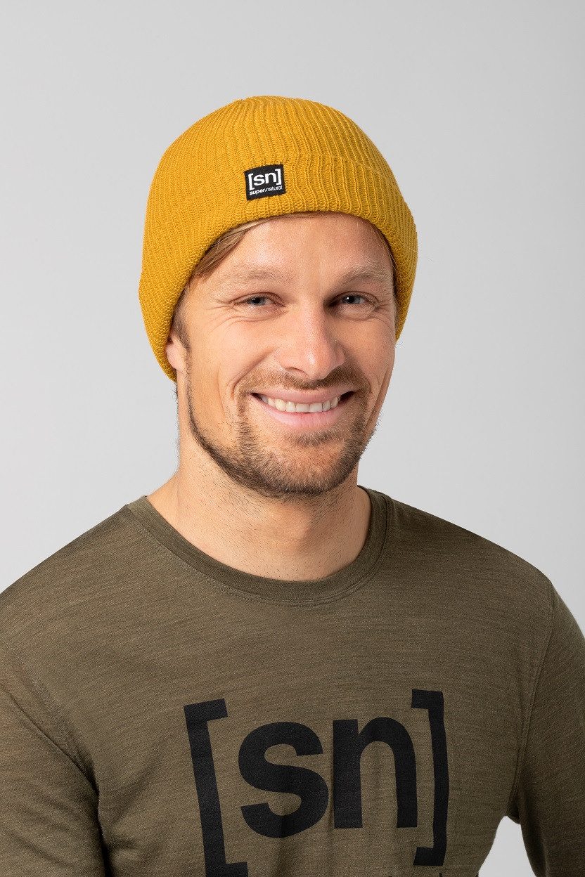SUPER.NATURAL Beanie Wintermütze Merino Basic (Merinowolle, idealer Wärmeschutz) senfgelb