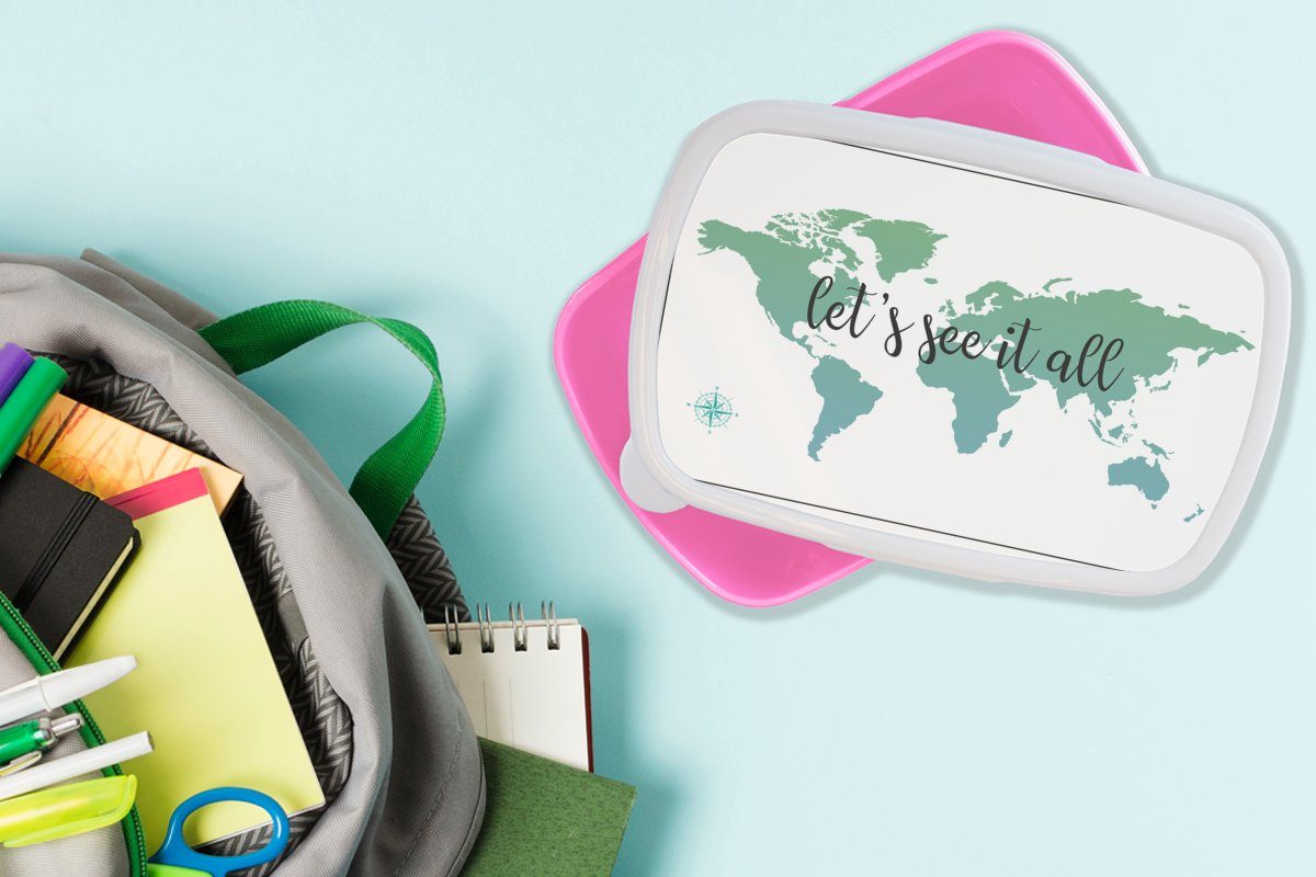 MuchoWow Lunchbox Weltkarte - (2-tlg), Jungen Kinder Kinder, Brotbox Kunststoff, für Grün Mädchen, rosa Brotdose Erwachsene, Mädchen, - - - - Kunststoff Snackbox, Zitat
