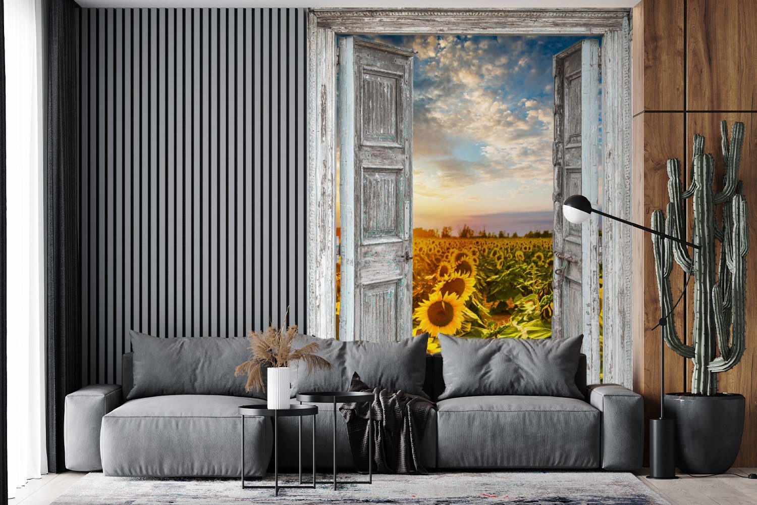 (4 für Montagefertig Tapete Wohnzimmer, Wandtapete Fototapete Transparent - - Blumen - Sonne, Matt, bedruckt, Vinyl St), Sonnenblume MuchoWow