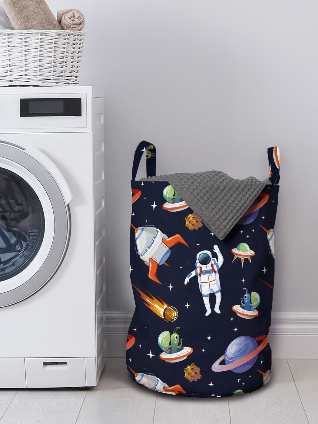 Abakuhaus Wäschesäckchen Wäschekorb mit Griffen für Asteroid Kordelzugverschluss Ausländer Waschsalons, Galaxy Astronaut UFO